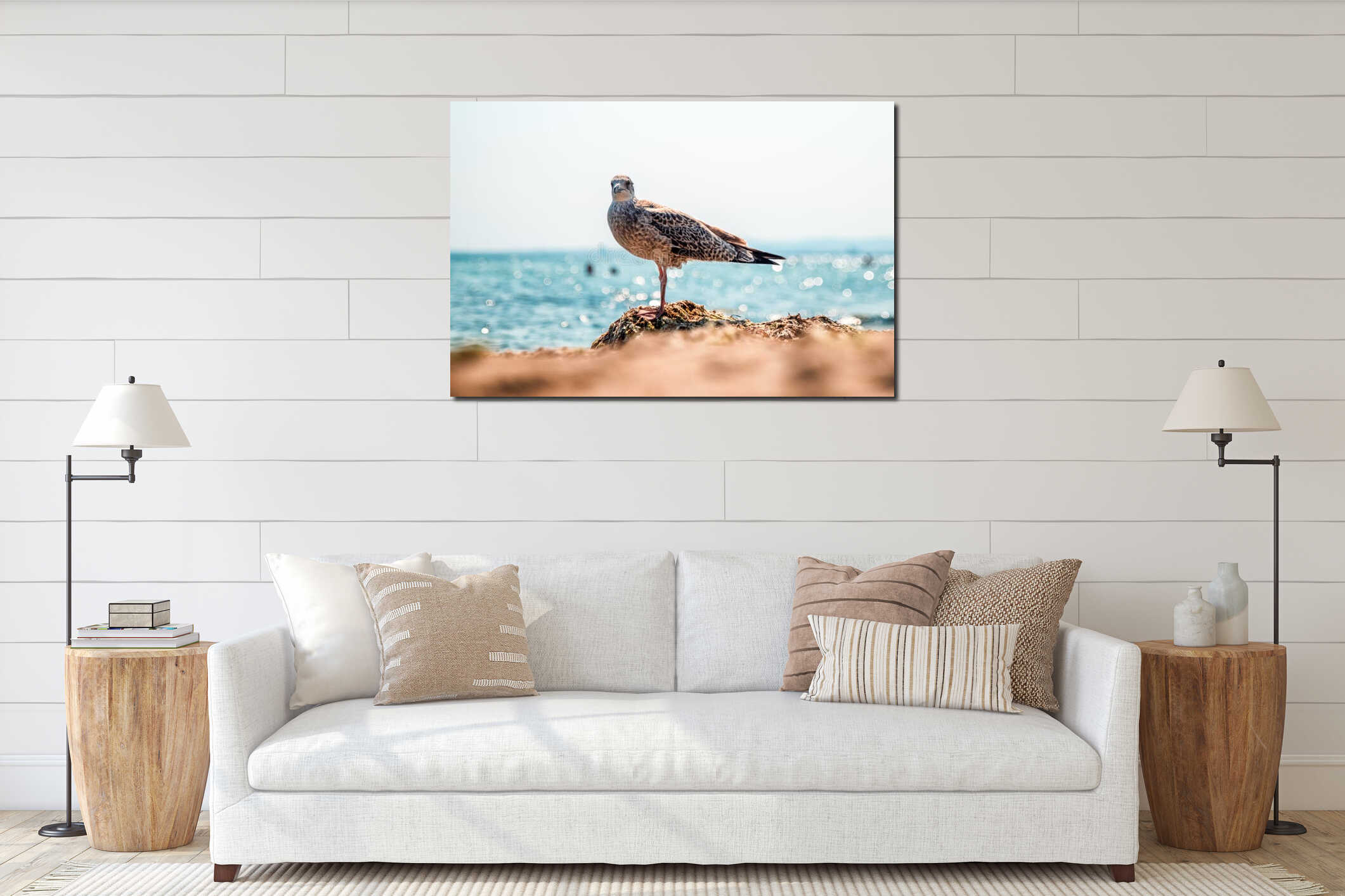 Seagull standing on rock by sea with soft bokeh background and copy space minimal wildlife scene interior mockup