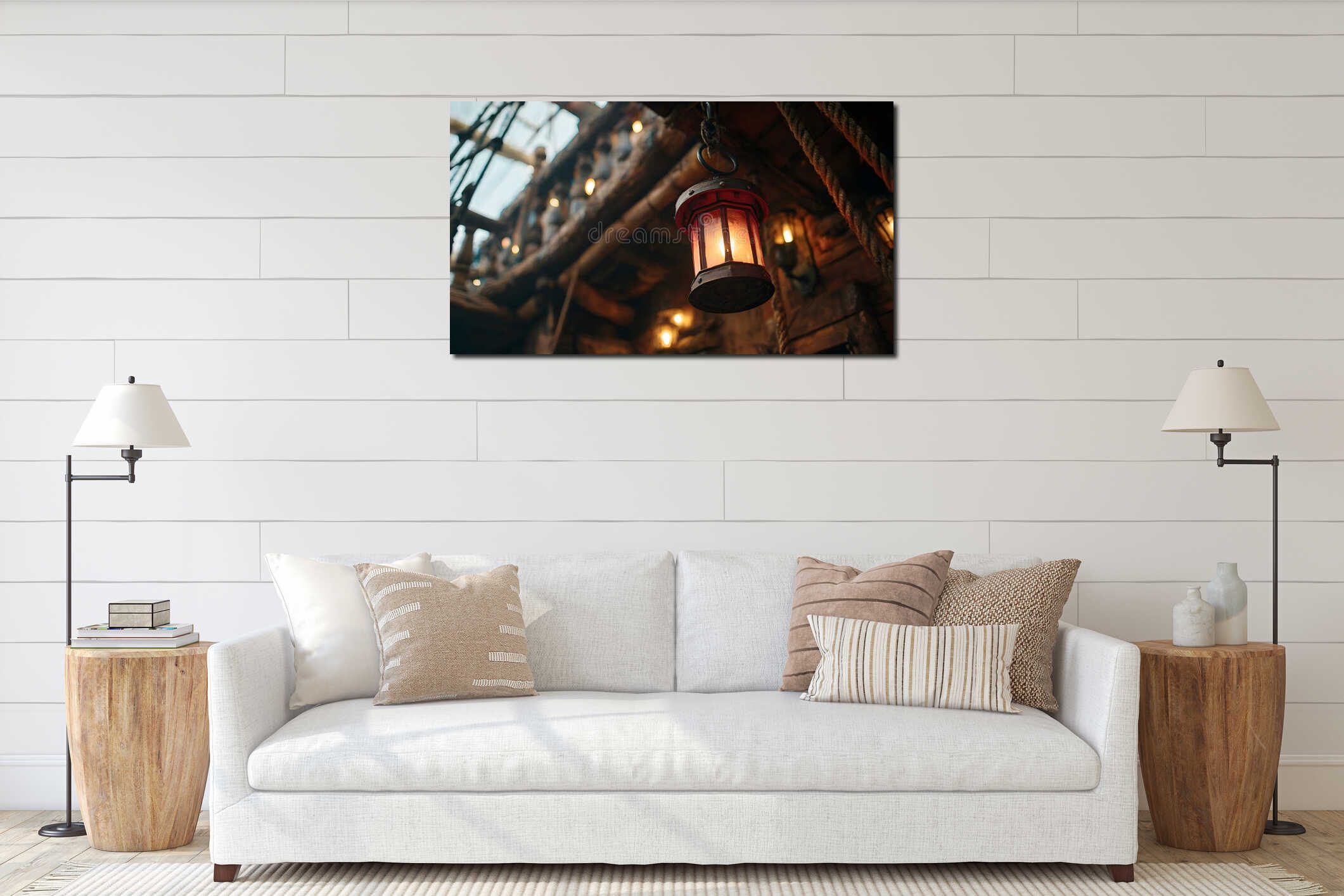 Bright lantern hangs on ceiling swinging at rolling OF pirate ship and illuminating cabin with light close low angle interior mockup