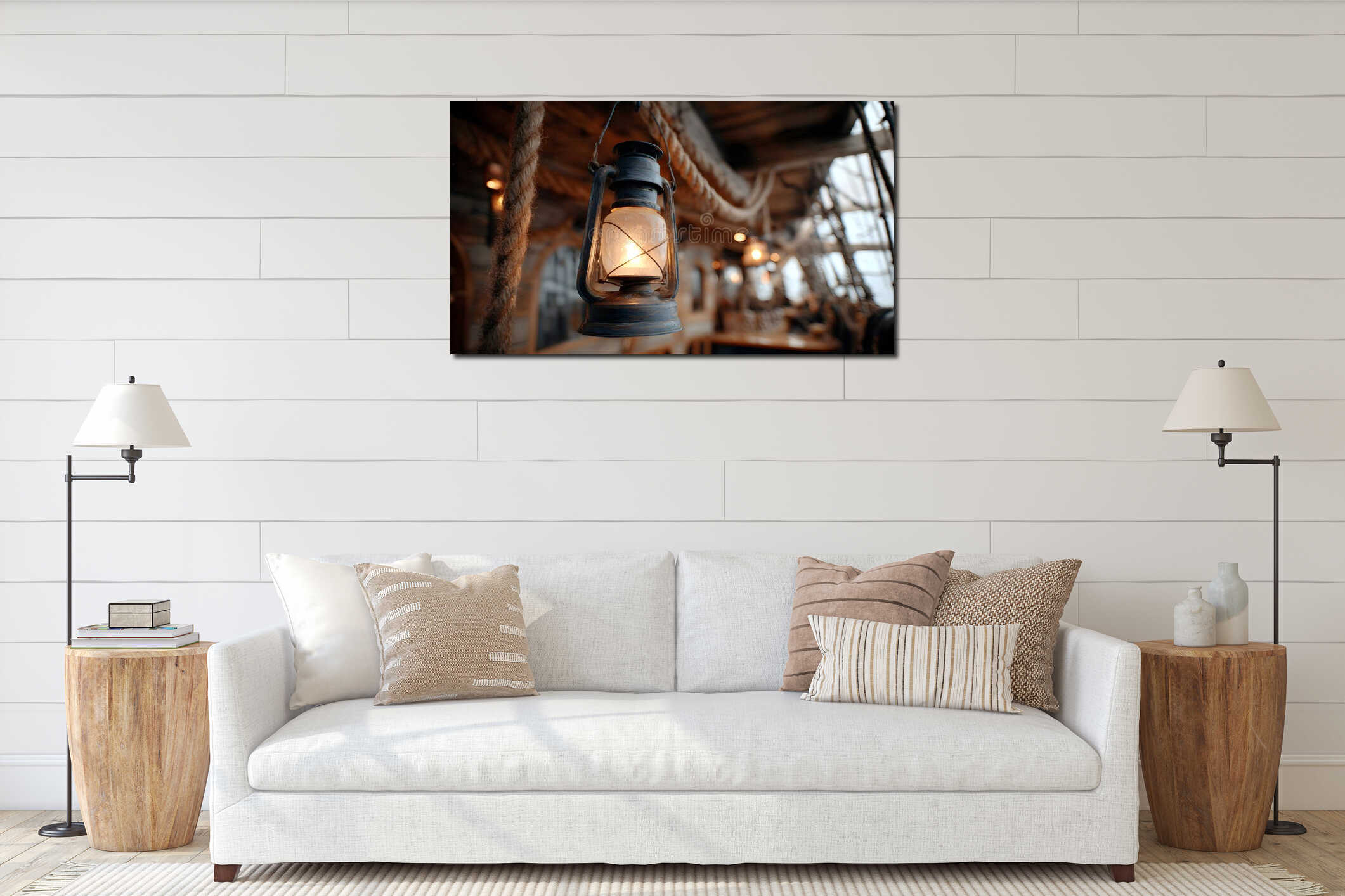 Bright lantern hangs on ceiling swinging at rolling OF pirate ship and illuminating cabin with light close low angle interior mockup