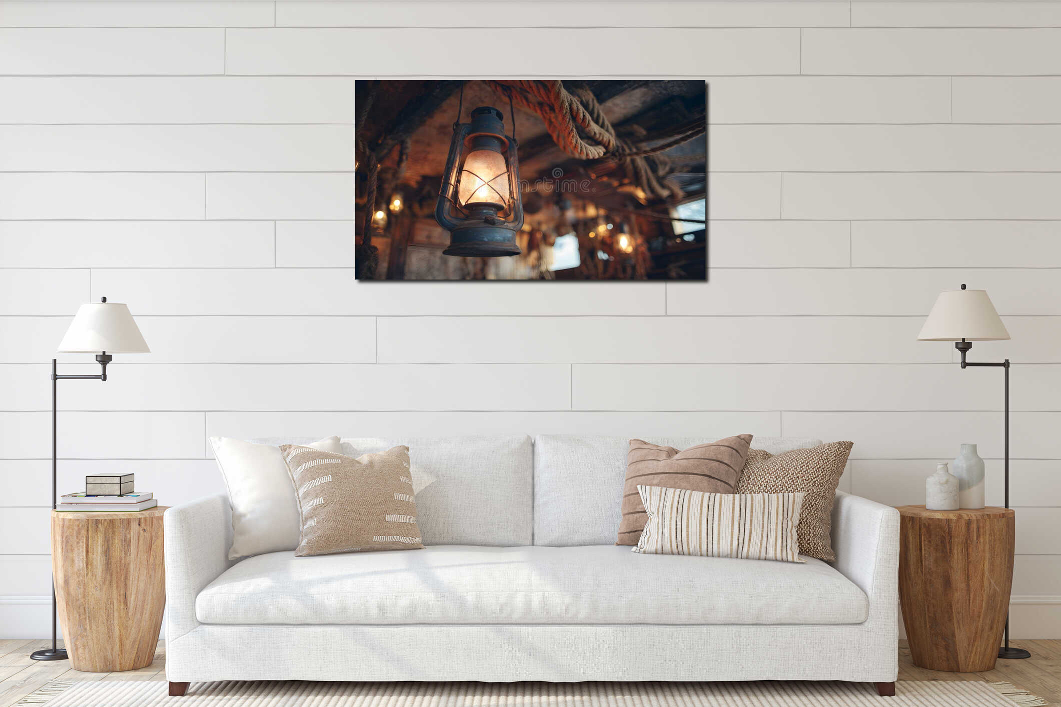 Bright lantern hangs on ceiling swinging at rolling OF pirate ship and illuminating cabin with light close low angle interior mockup