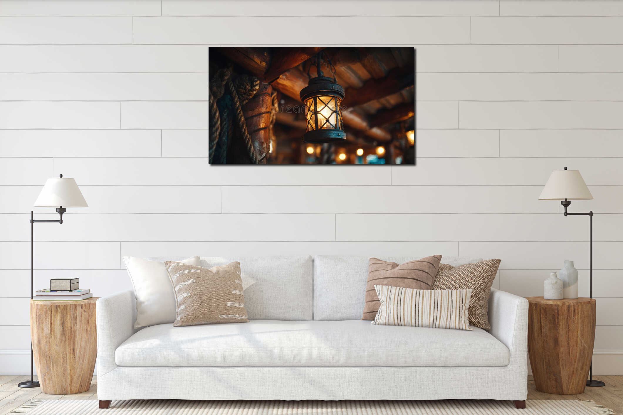 Bright lantern hangs on ceiling swinging at rolling OF pirate ship and illuminating cabin with light close low angle interior mockup