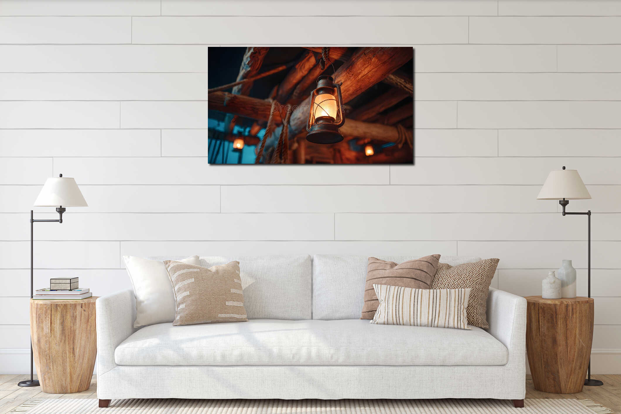 Bright lantern hangs on ceiling swinging at rolling OF pirate ship and illuminating cabin with light close low angle interior mockup