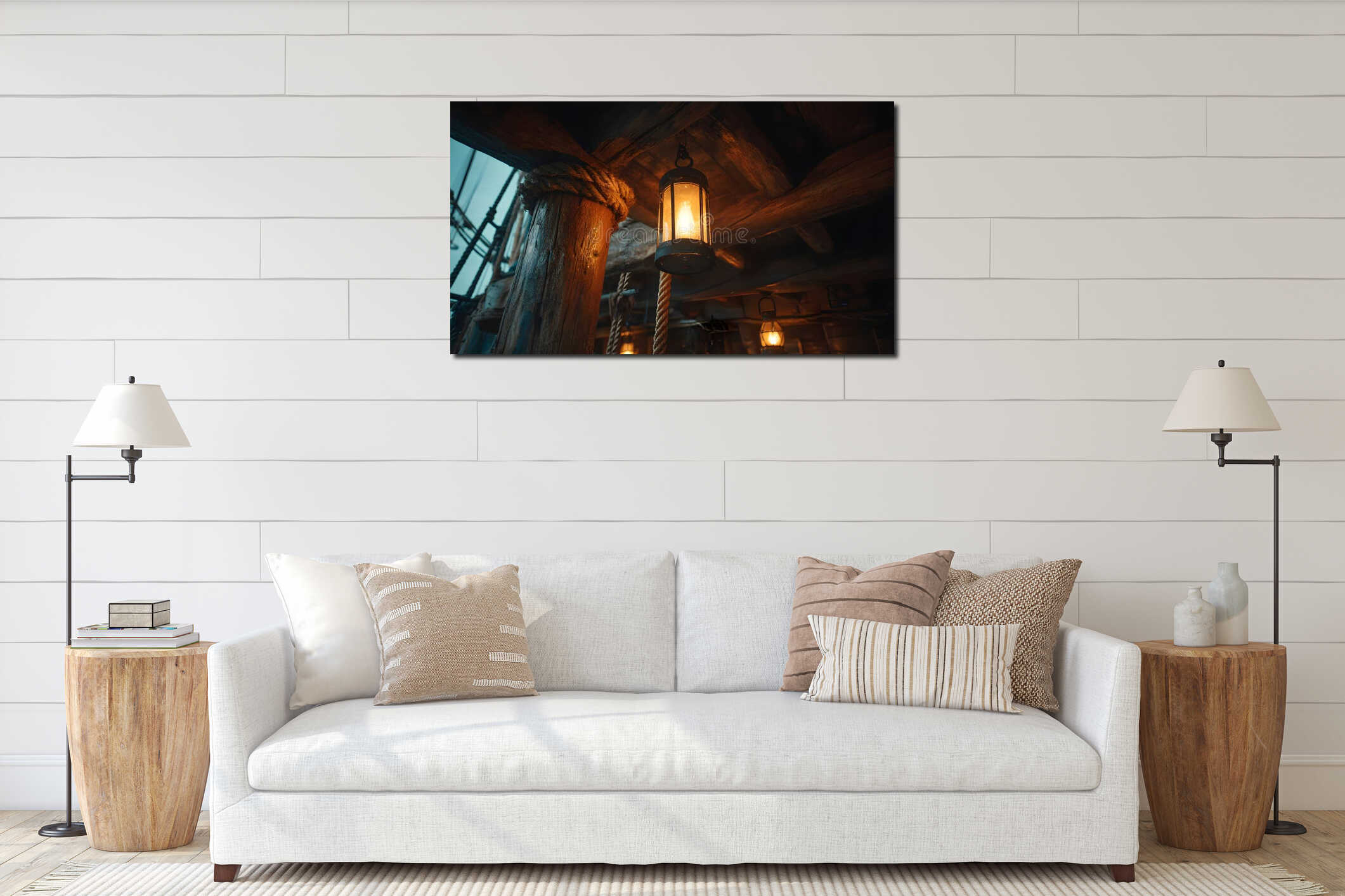 Bright lantern hangs on ceiling swinging at rolling OF pirate ship and illuminating cabin with light close low angle interior mockup