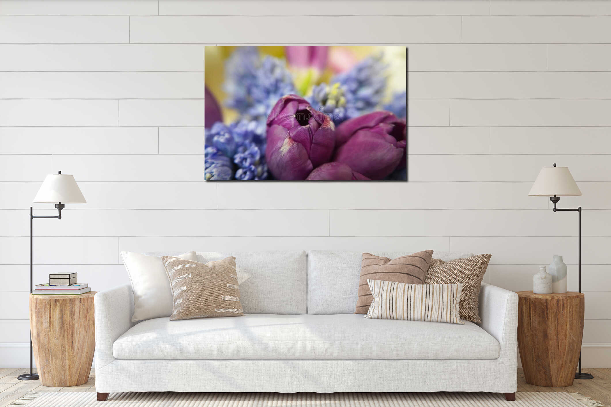 Bouquet of purple tulips and blue flowers close-up interior mockup