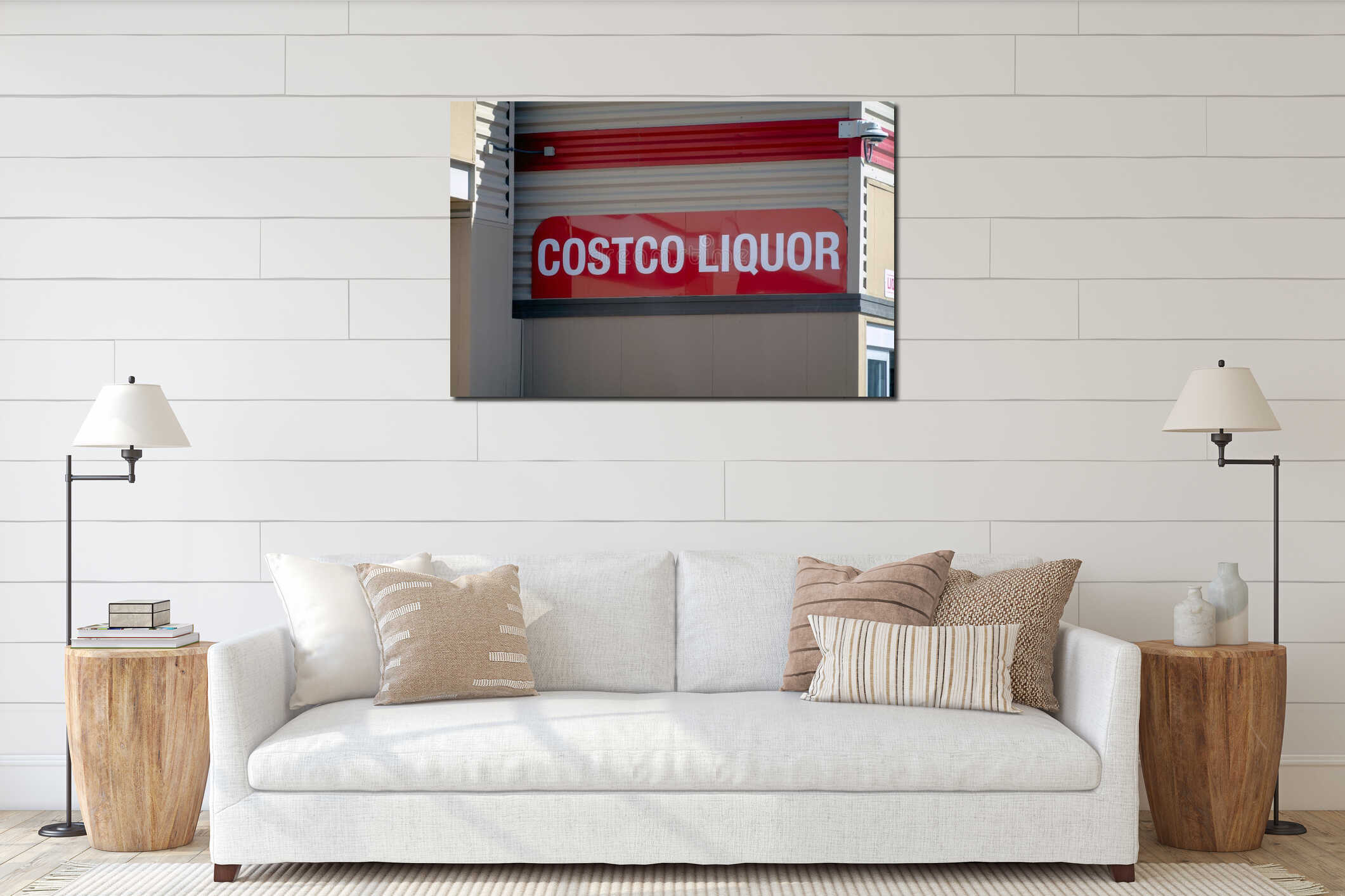 A red and white Costco Liquor storefront sign on a modern retail building exterior interior mockup