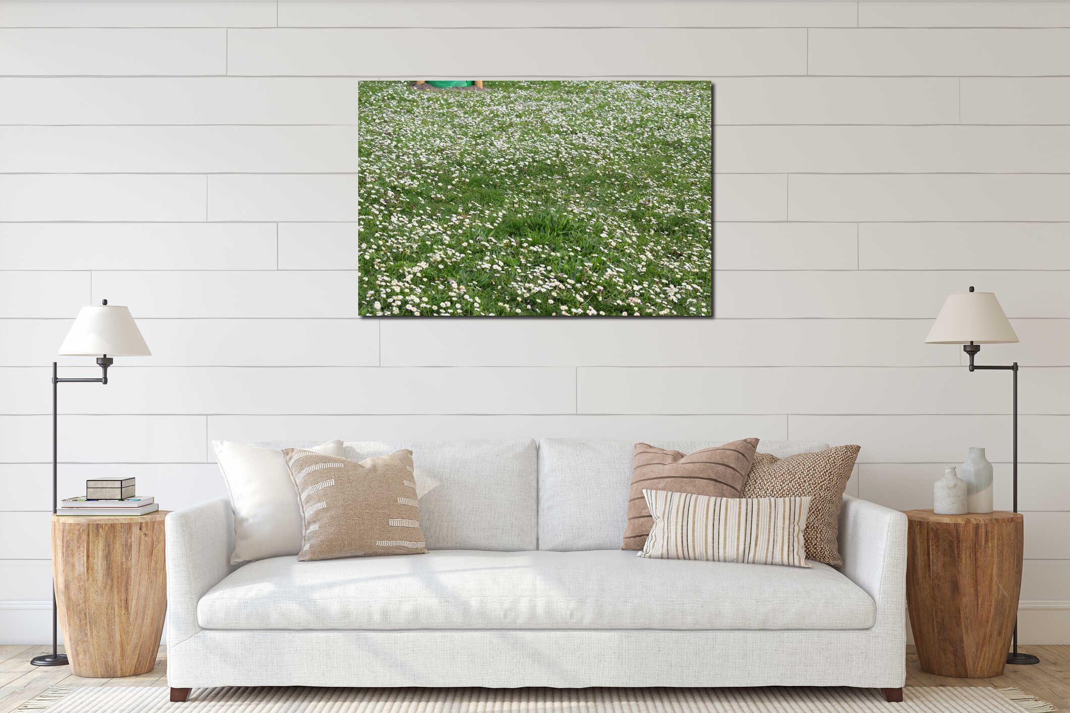 bright white flowers blooming in spring lawn interior mockup