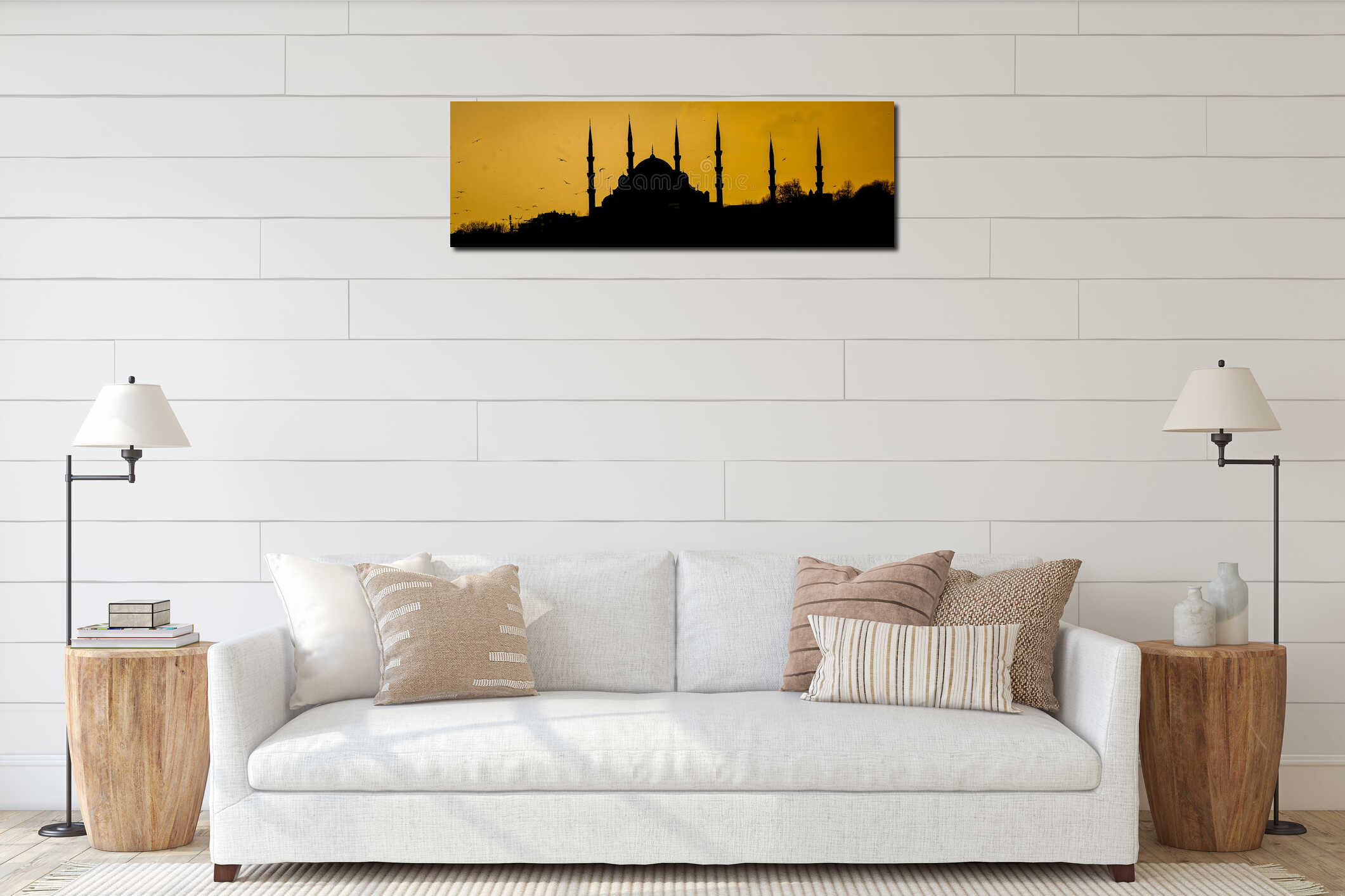 Silhouette of the SÃ¼leymaniye Mosque in Istanbul, Turkey, against a vibrant orange sky interior mockup