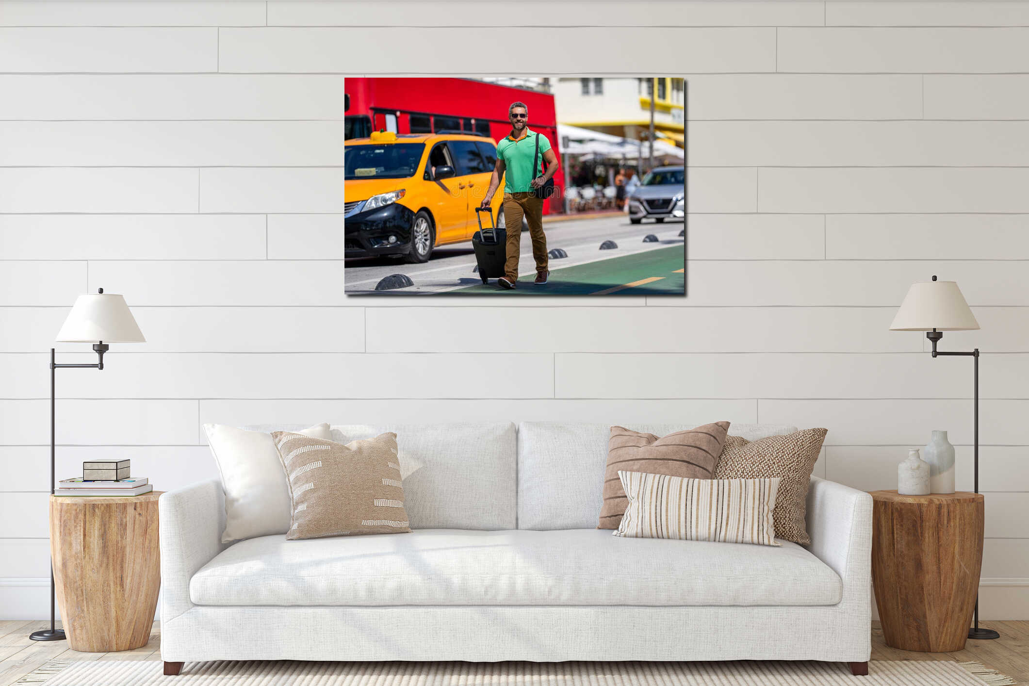 Traveler man in casual clothes with suitcase. Man travel abroad weekend. Travel lifestyle. Tourist in summer city. Travel bag interior mockup