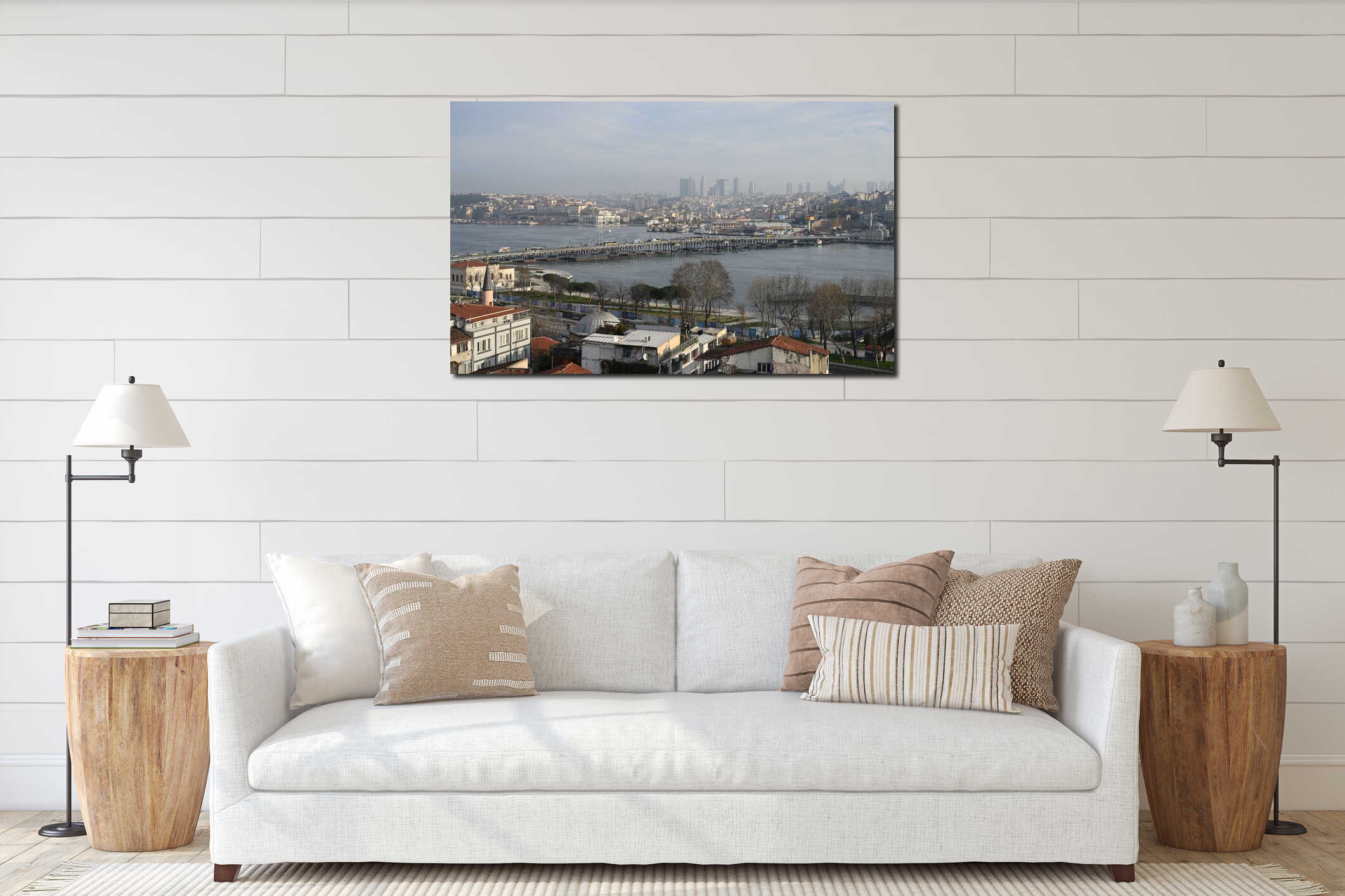 Sunny urban landscape with views of old Istanbul and Golden Horn Bay interior mockup