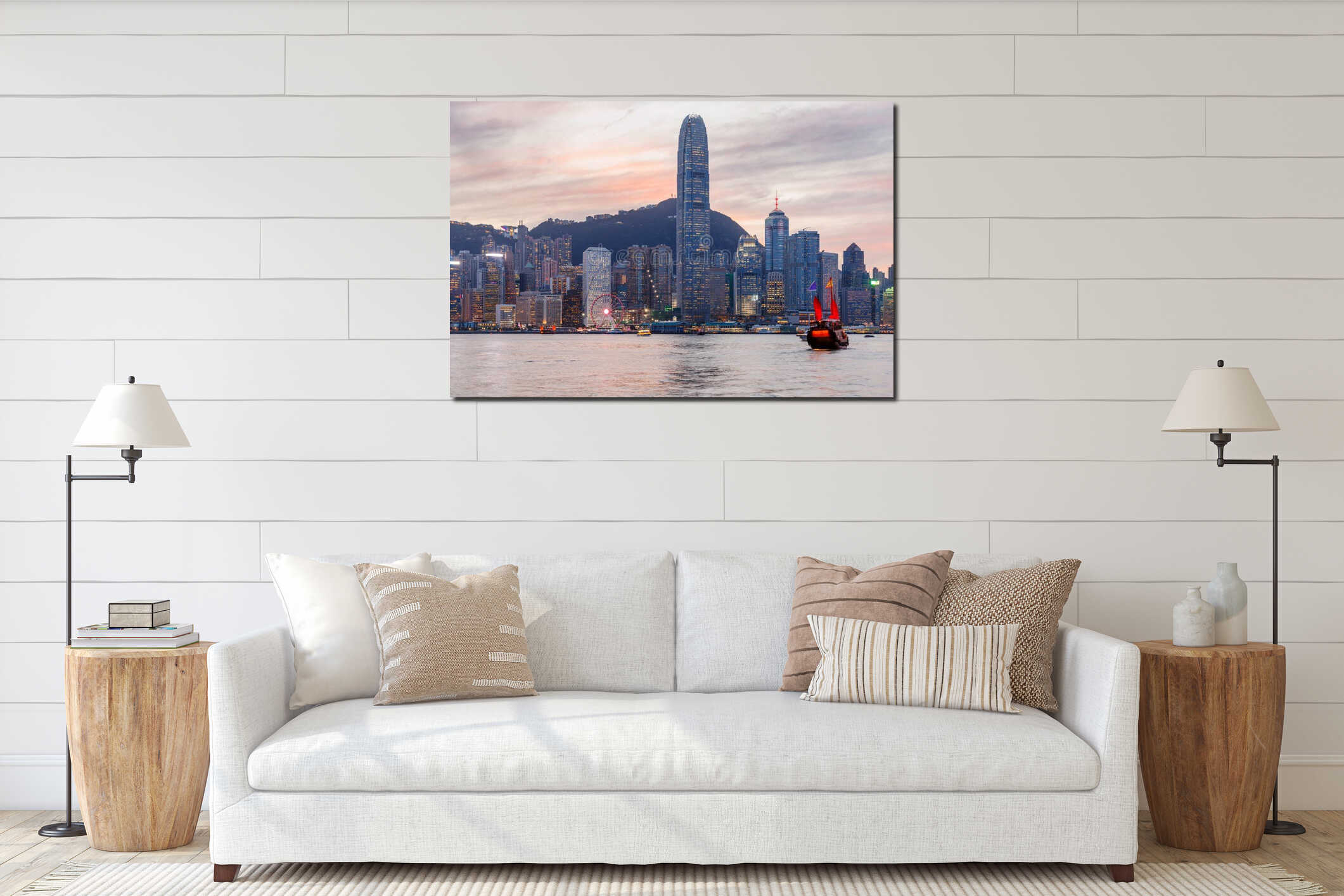 Traditional wooden junk boat with red sails against Hong Kong skyline during sunset interior mockup
