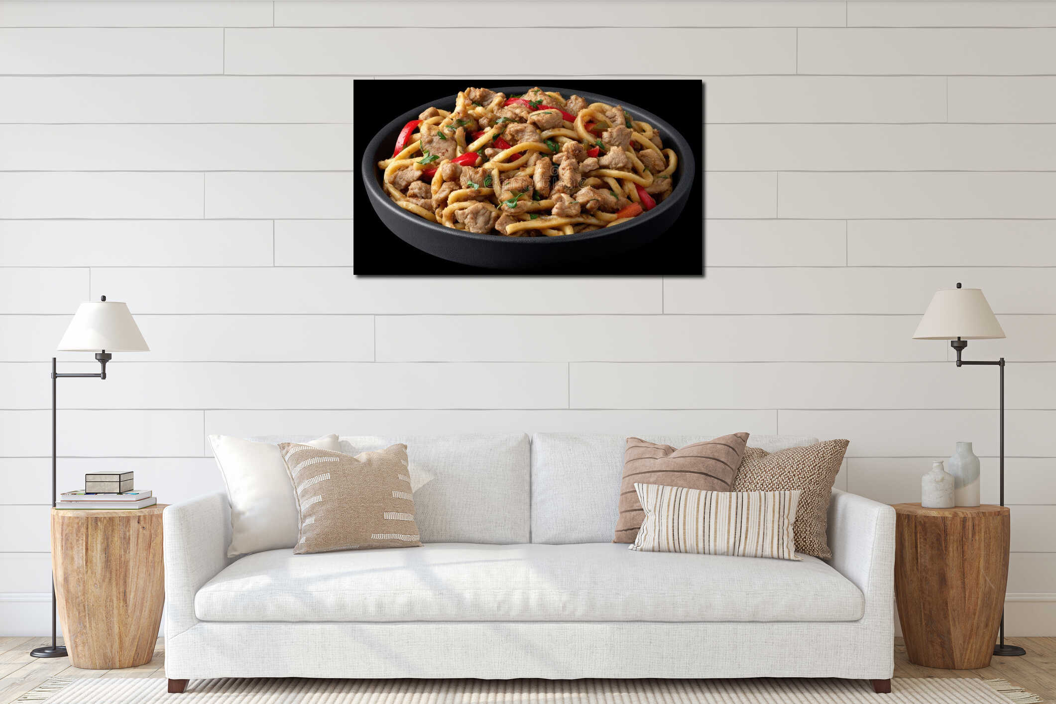Instant noodles with chicken in a black bowl showcase a simple meal for dinner or lunch in a top-down view against a dark interior mockup
