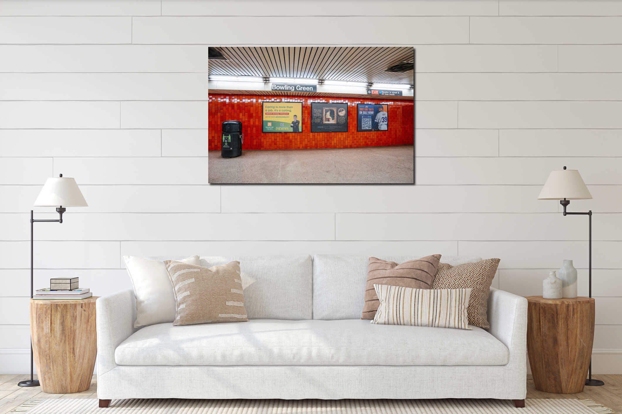 Bowling Green Subway Station Sign With Red Tiled Wall In New York City interior mockup