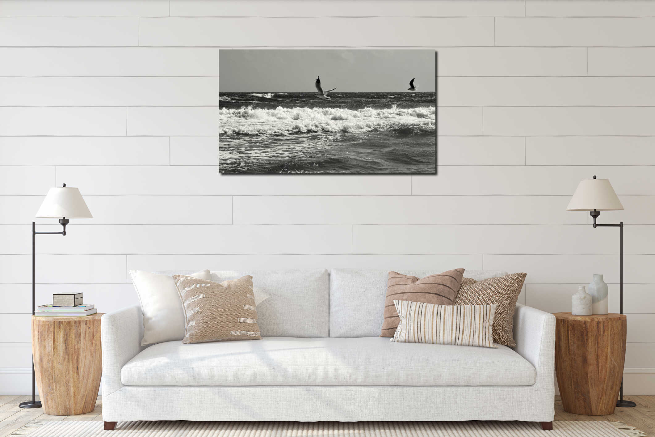 Seascape. Birds flying. Summer, sea, waves, holiday, fun - Black Sea, landmark attraction in Romania. interior mockup