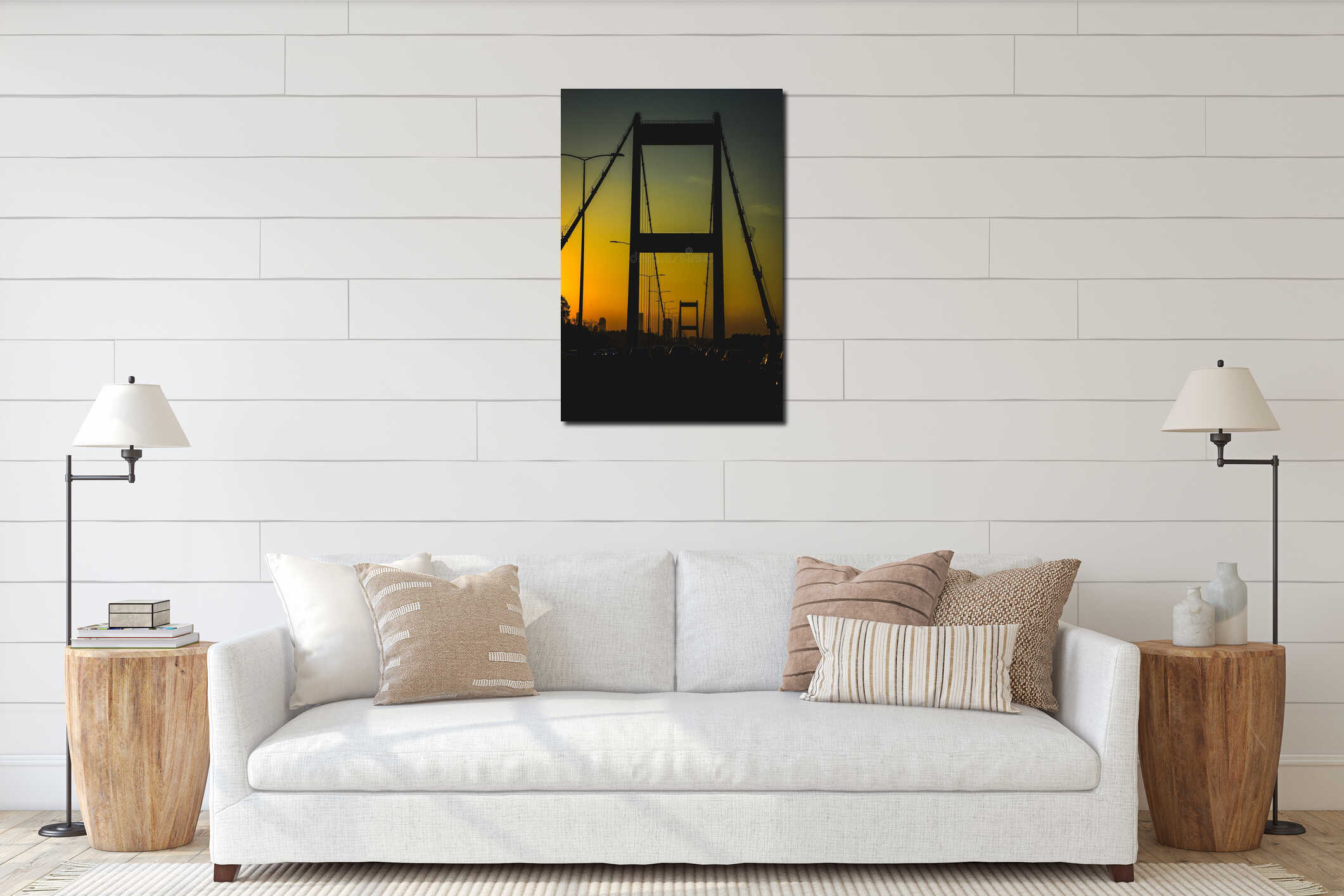 Silhouette of the Fatih Sultan Mehmet (FSM) Bridge during sunset in Istanbul, Turkey. interior mockup