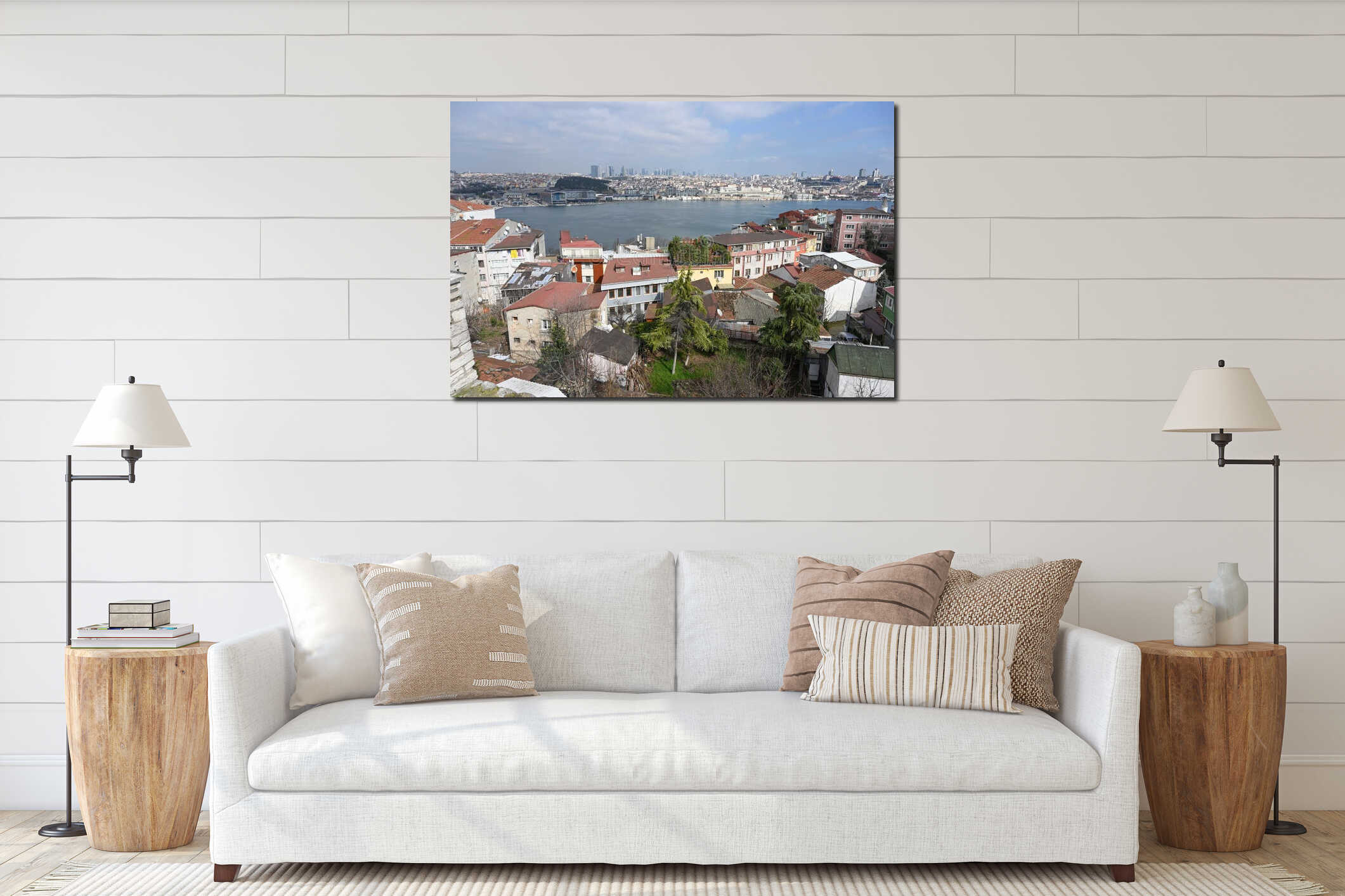 Sunny urban landscape overlooking Istanbul separated by Golden Horn Bay interior mockup