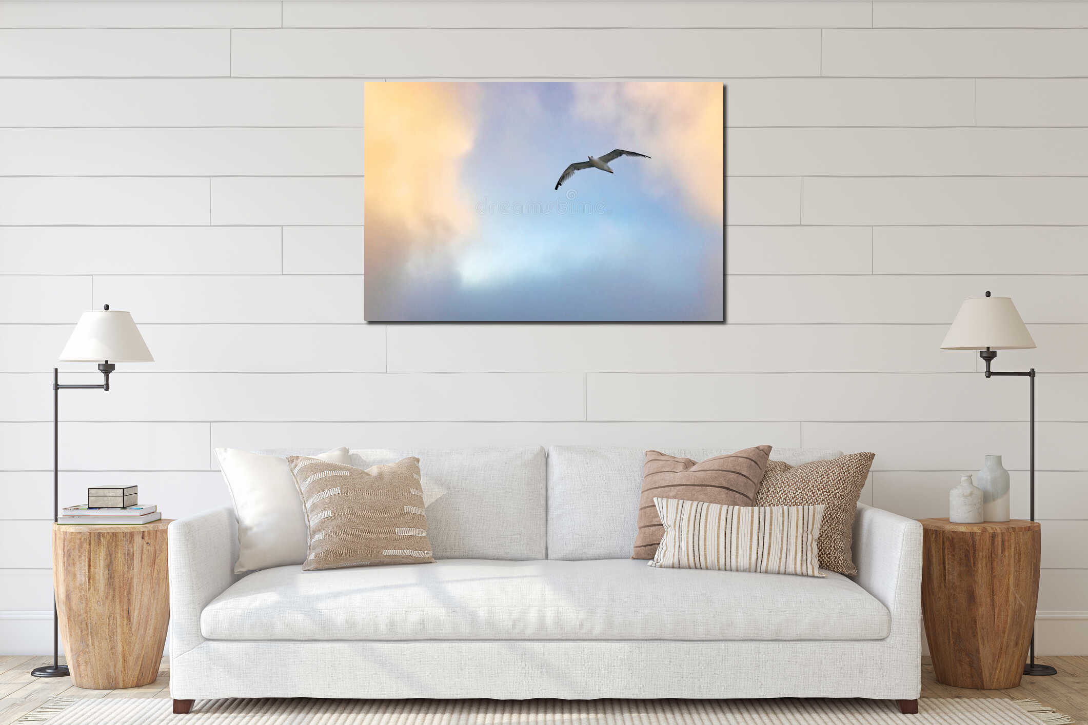 Seagull flying in sunset sky with copy space interior mockup