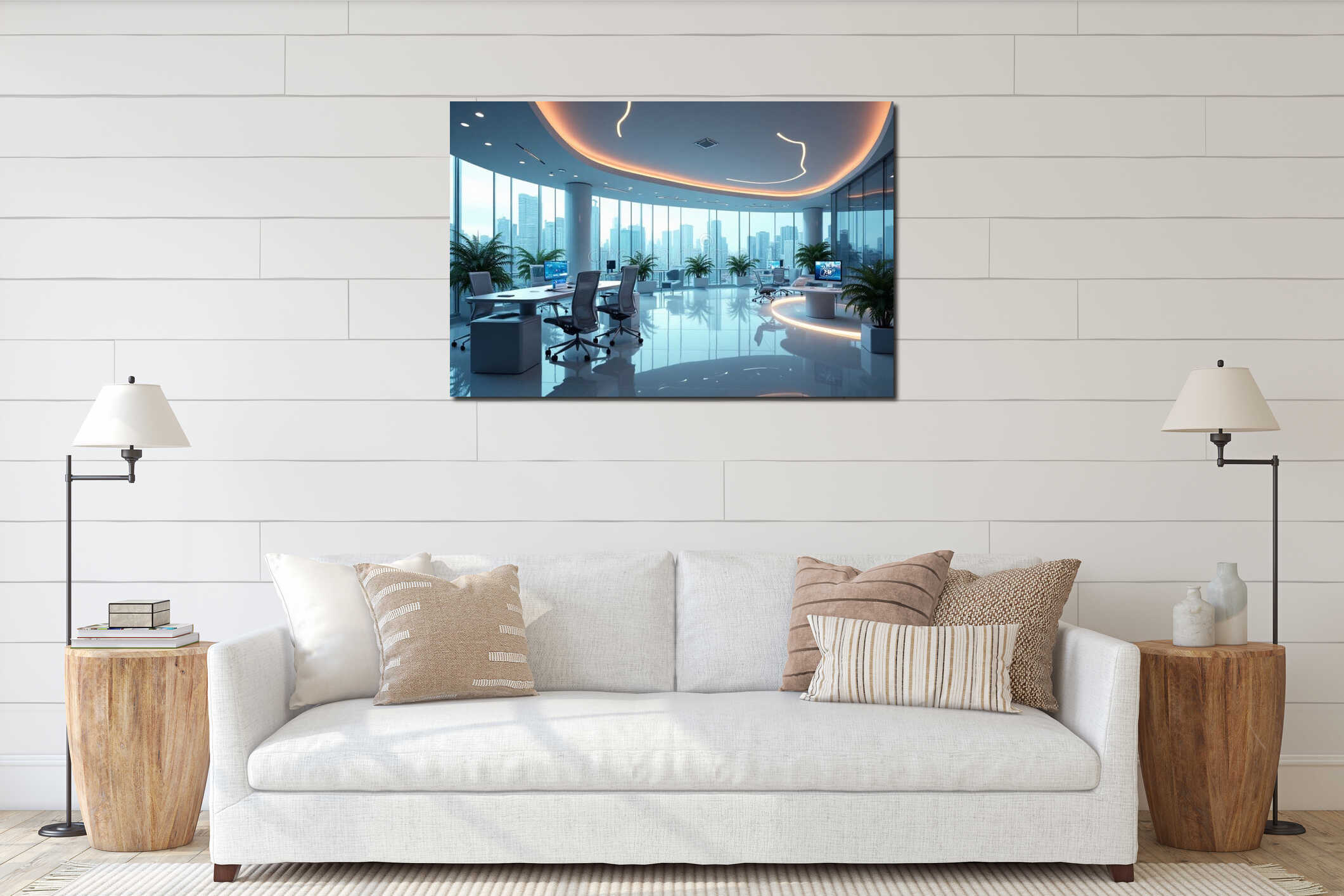 Futuristic Corporate Office Interior with Minimalist Design High-Tech Workstations and Ambient Lighting for Business Projects interior mockup