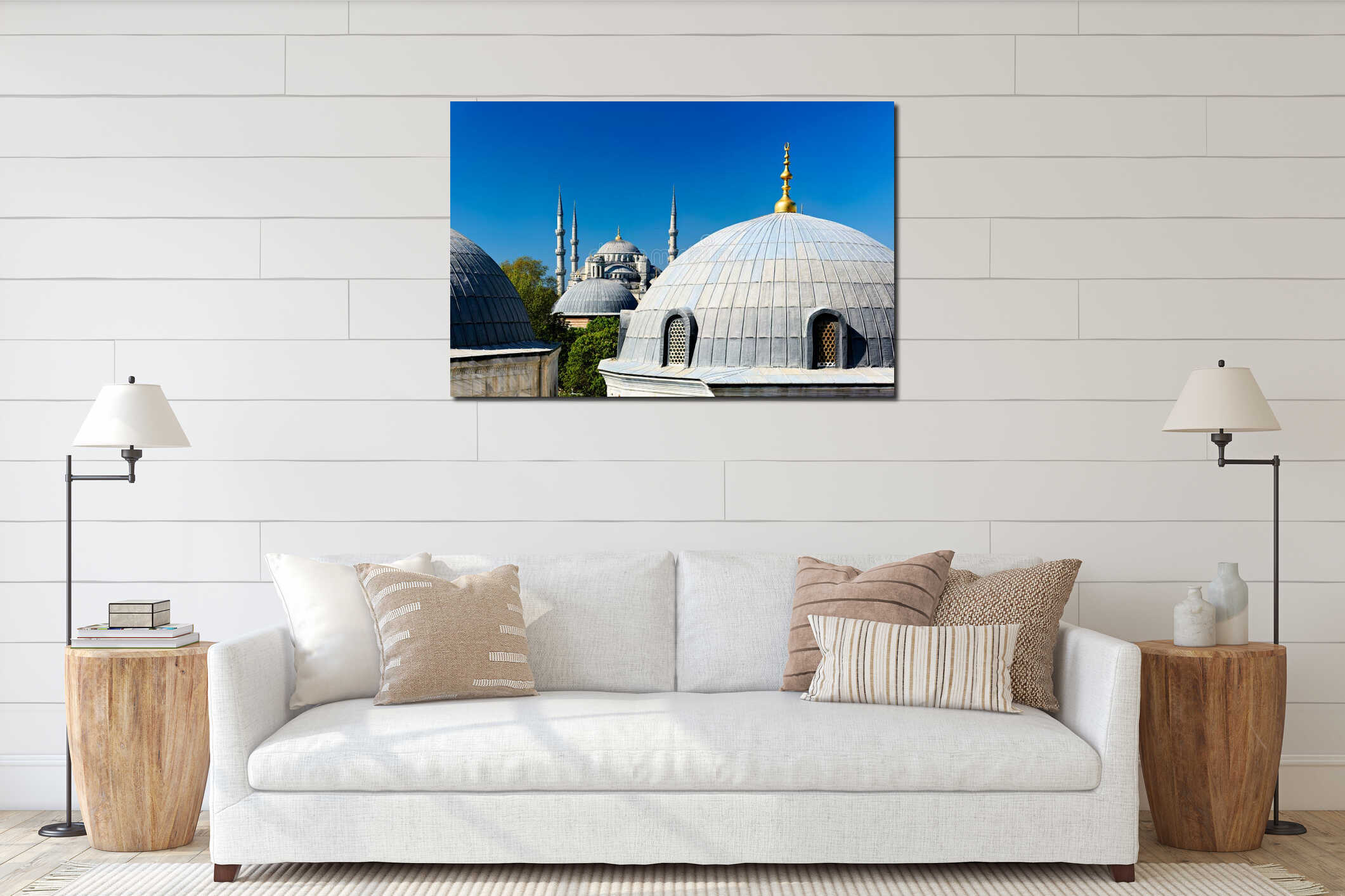 Blue Mosque domes under clear sky in Istanbul interior mockup