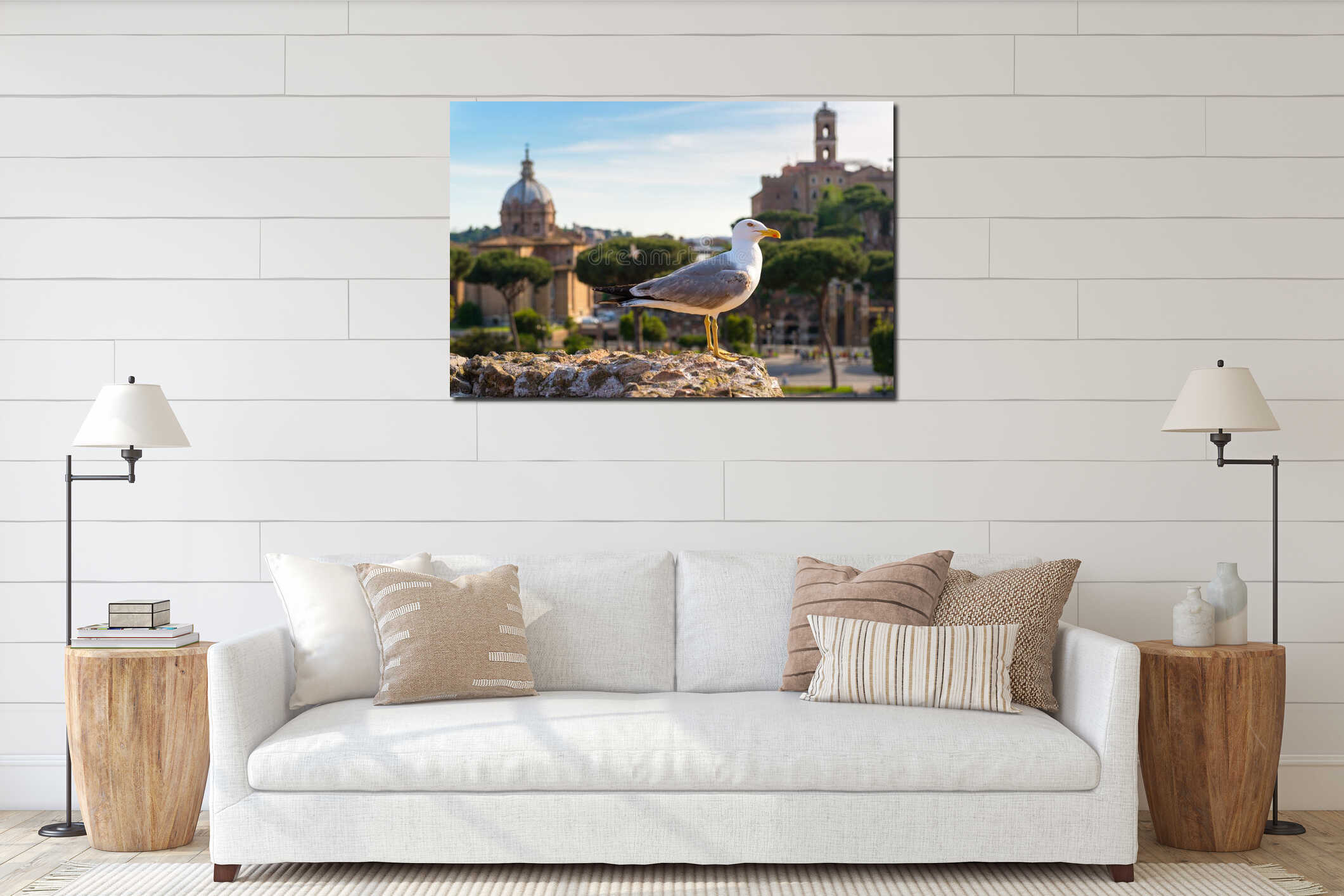 Seagull against the backdrop of the Roman Forum in Rome interior mockup