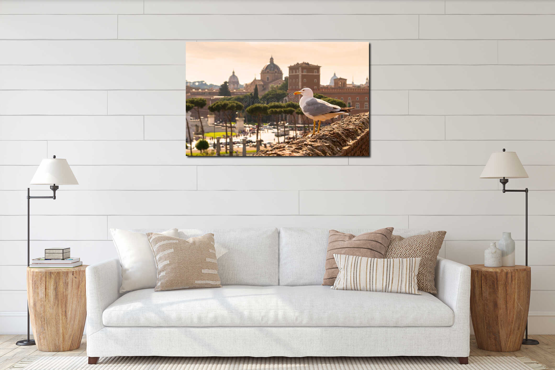 Seagull sitting on the ruins of Trajan's Market in Rome at sunse interior mockup