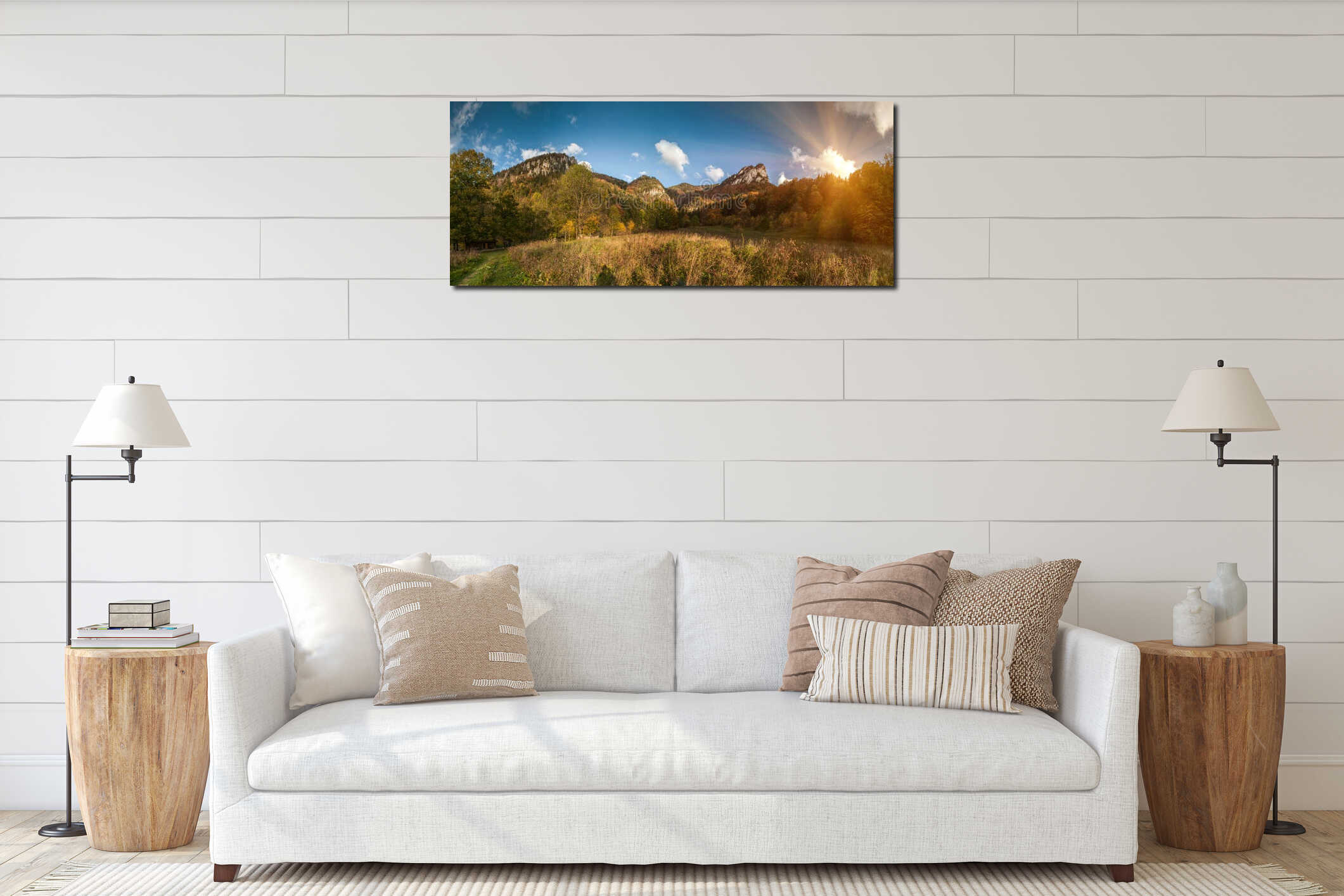 Wide angle panorama of autumnal mountain landscape interior mockup
