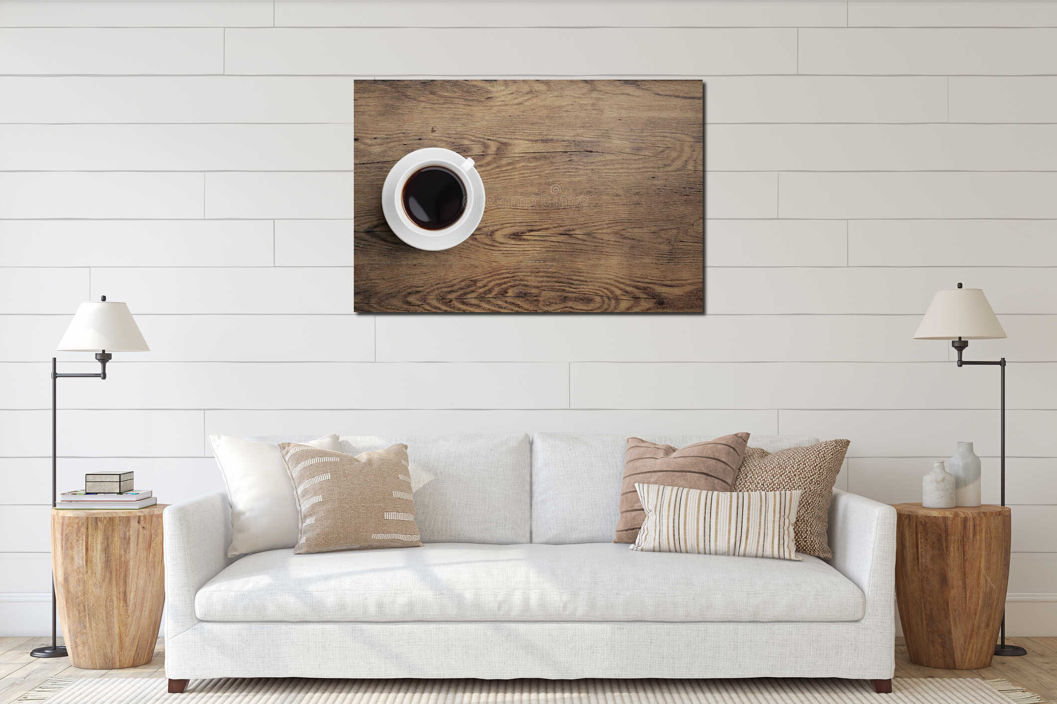 Black coffee cup on old wooden table top view interior mockup