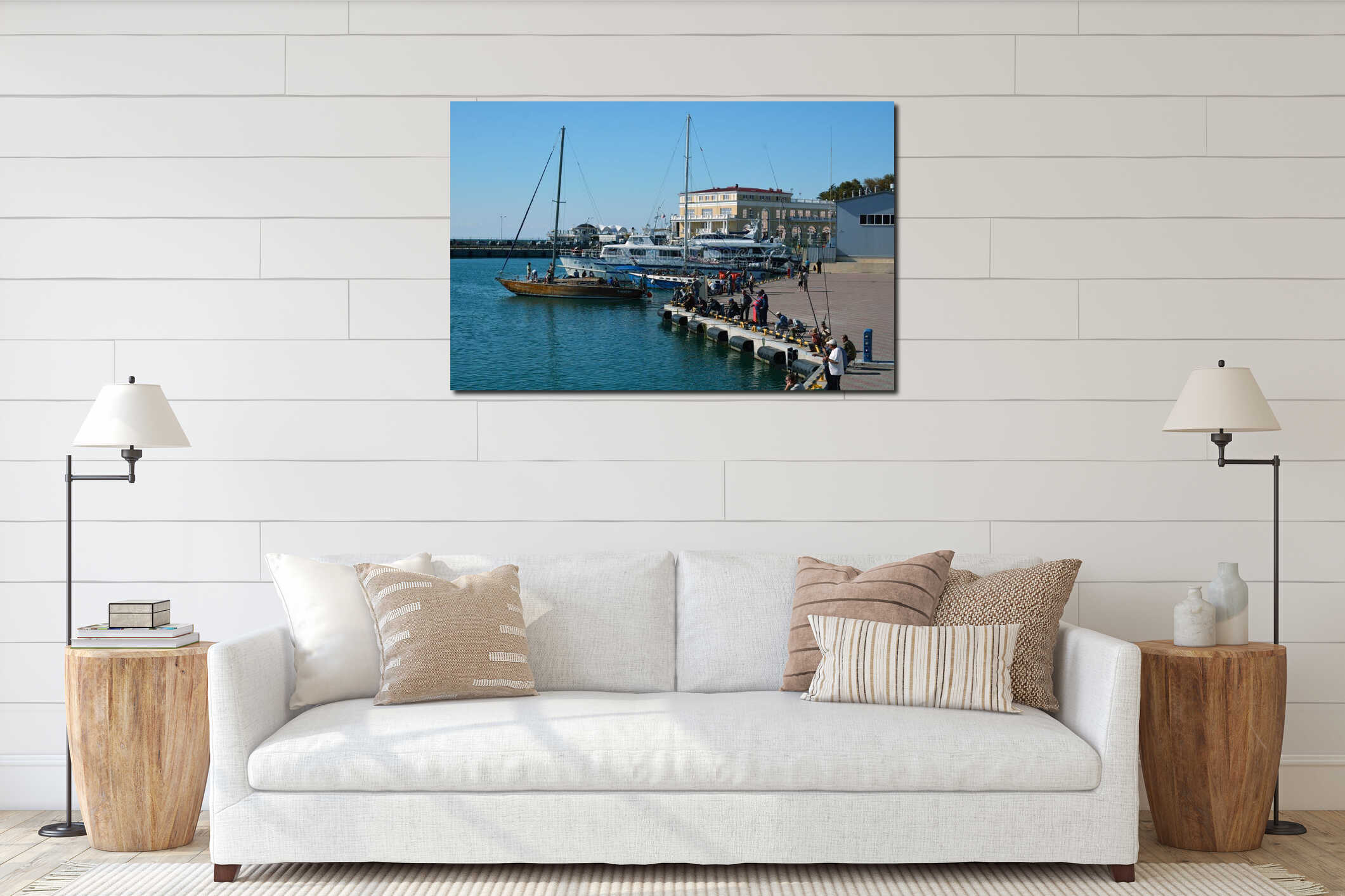 Several people fishing in the port of Sochi interior mockup