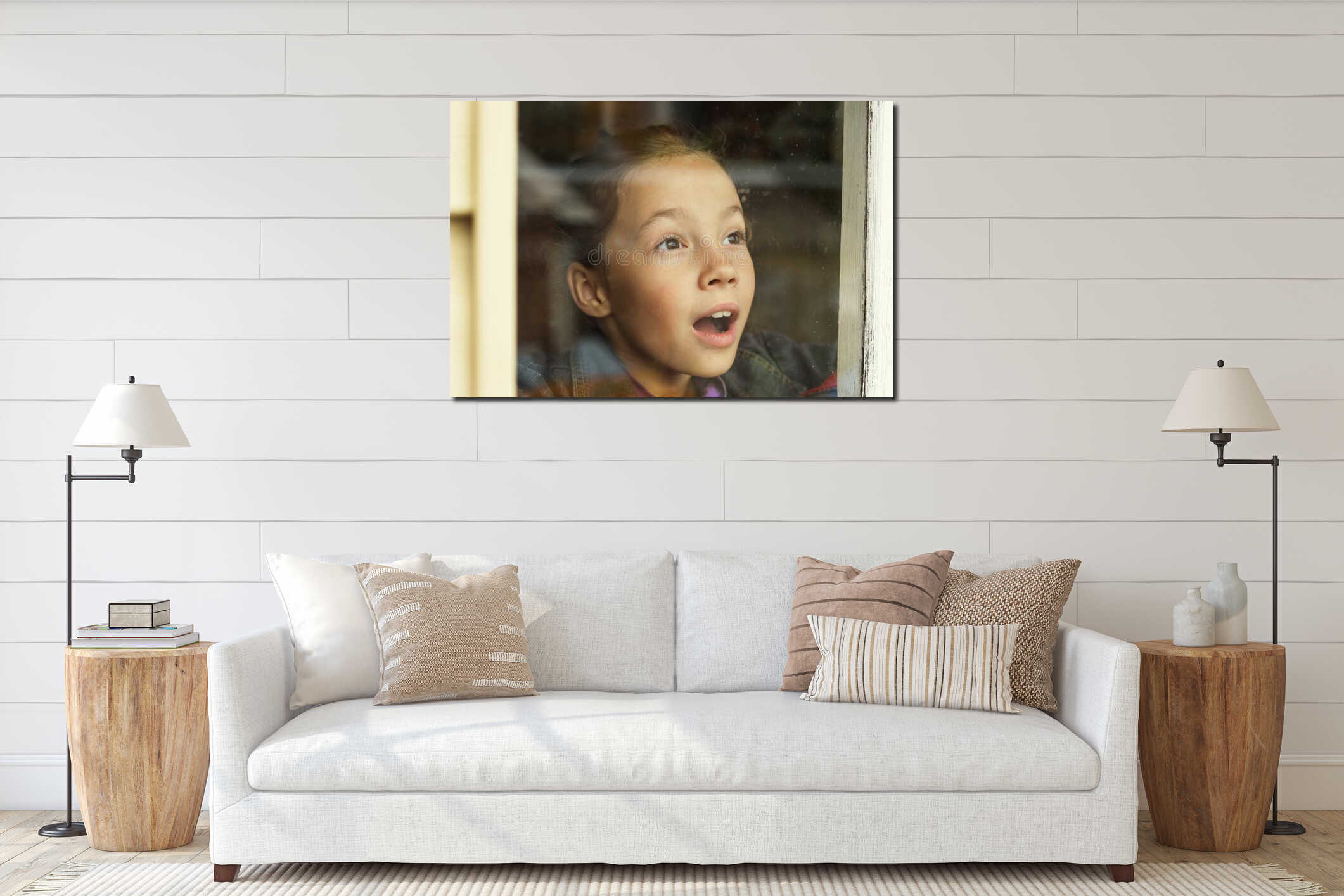 Happy little girl looking through an old window interior mockup