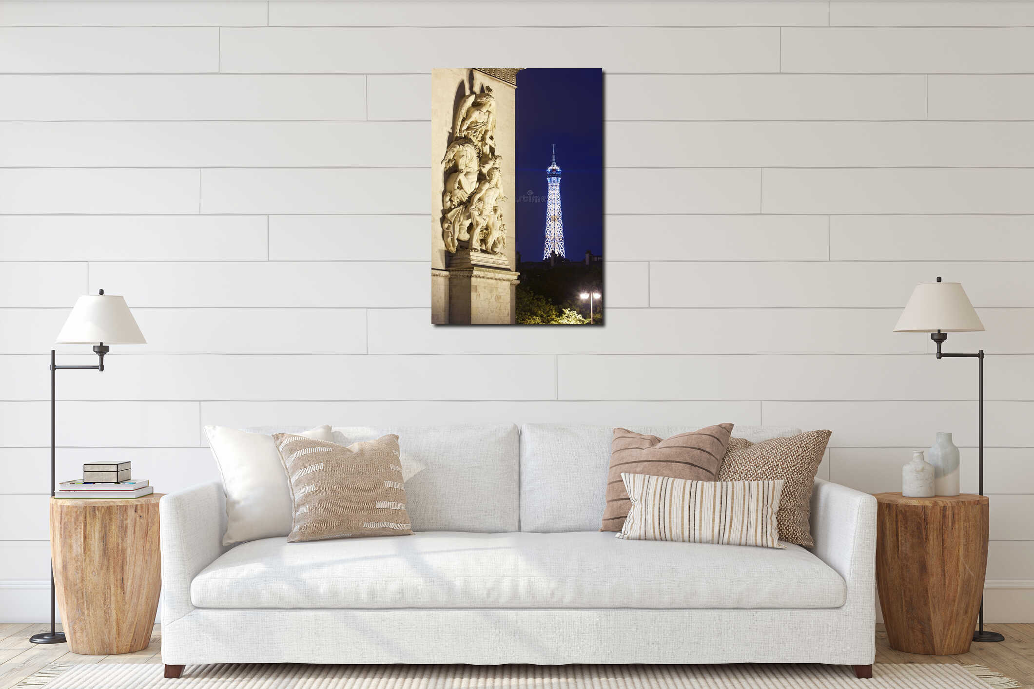 Arc de Triomphe and Eiffel tower illuminated at night in Paris interior mockup