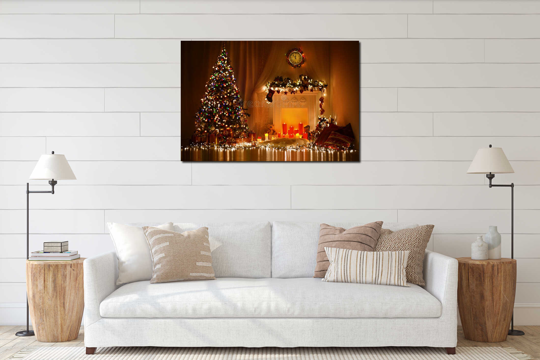 Christmas Tree Fireplace Lights, Decorated Xmas Living Room, Night Interior interior mockup
