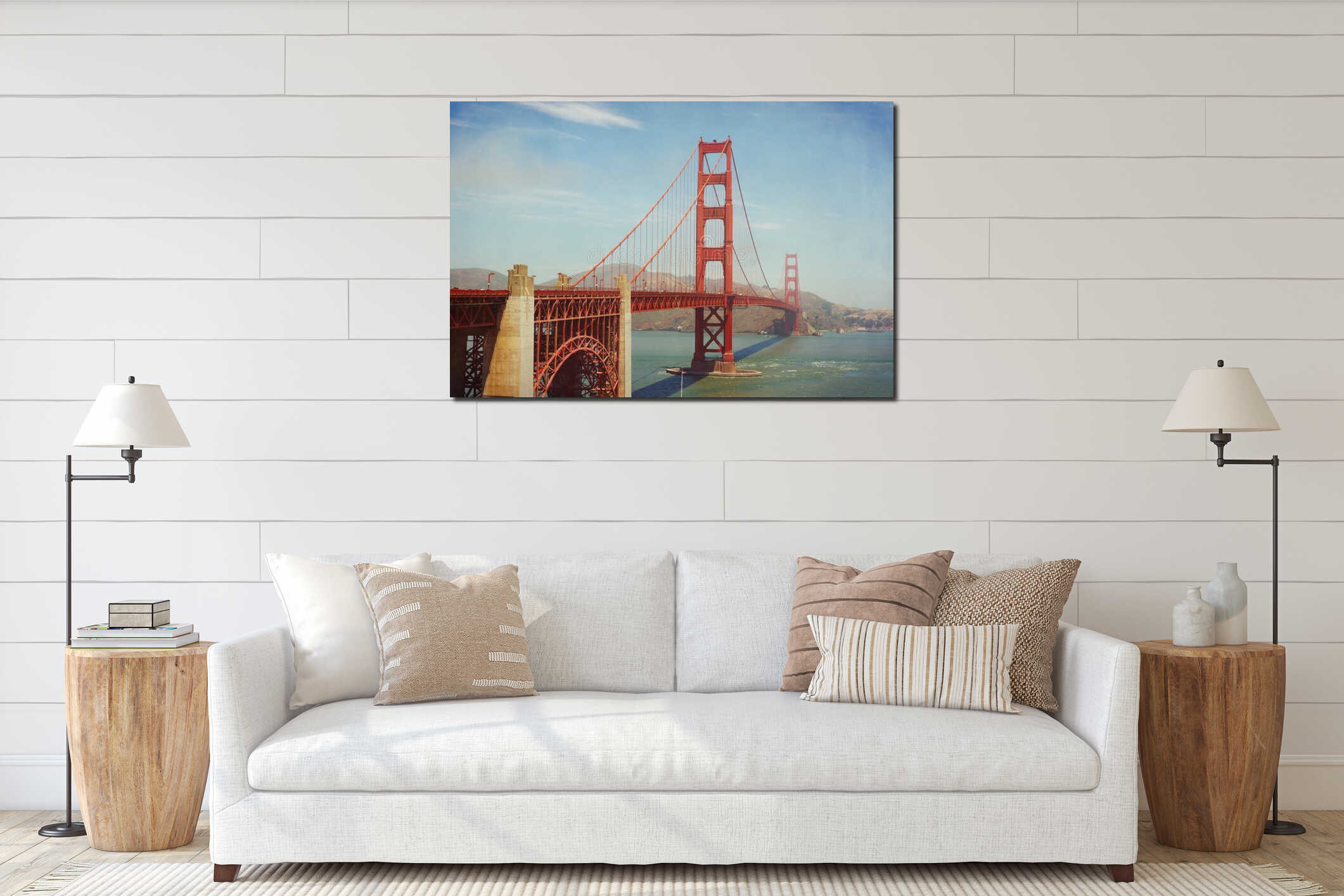 Golden Gate Bridge, San Francisco, USA. Retro filter effect interior mockup