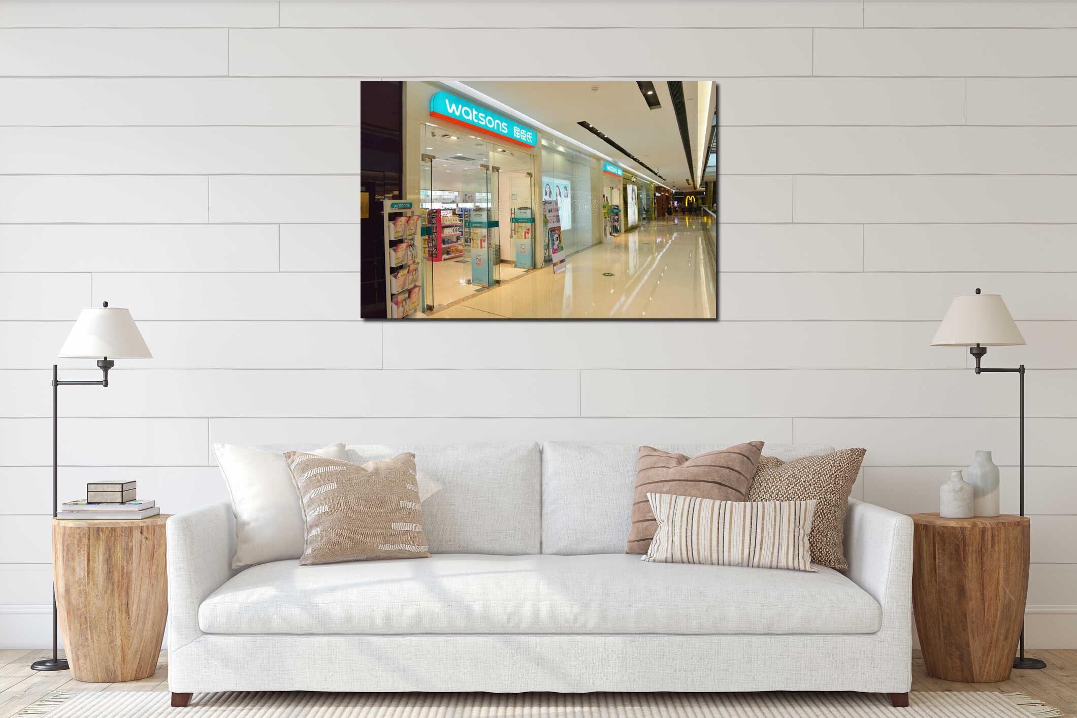 Modern retail shopping mall / centre with many busy shoppers shopping interior mockup