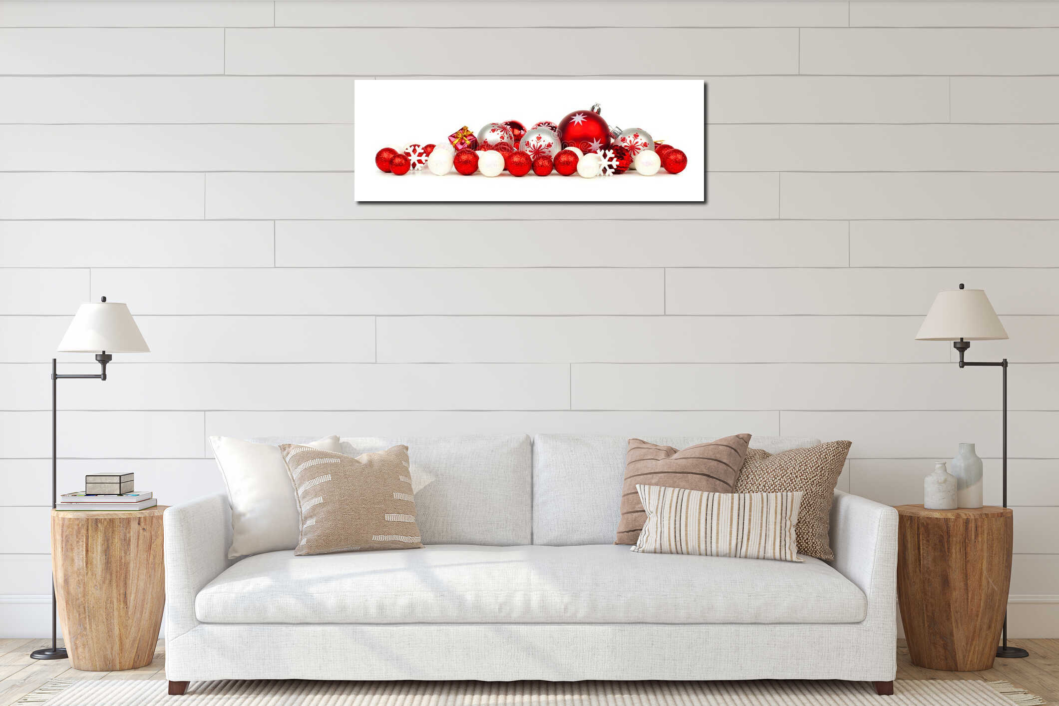 Red and white Christmas ornament border interior mockup