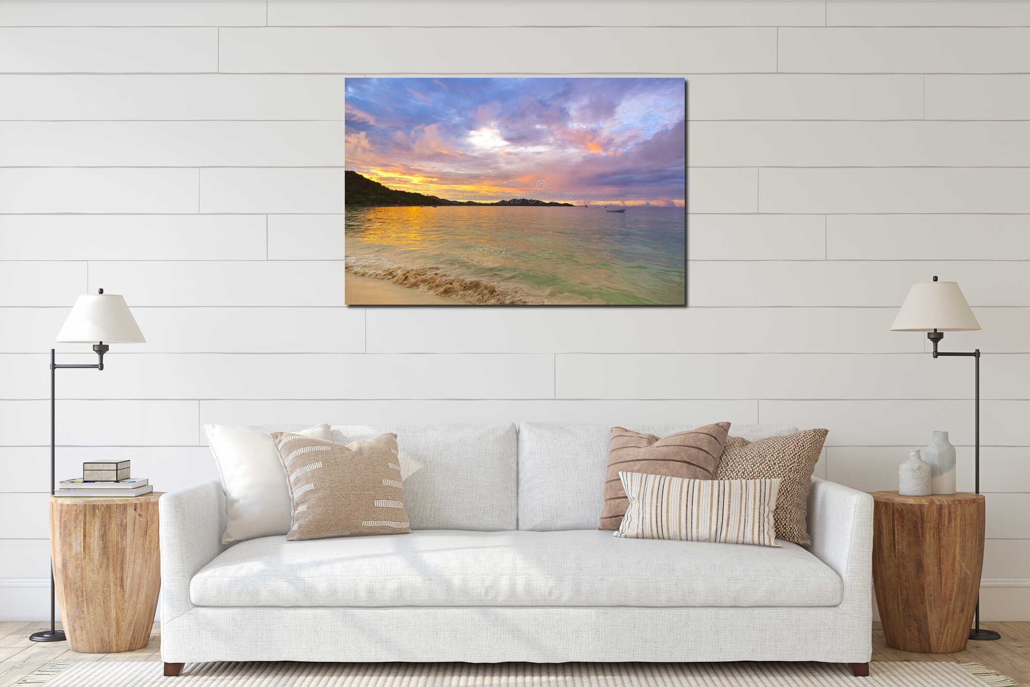Tropical beach Cote d'Or at sunset - Seychelles interior mockup
