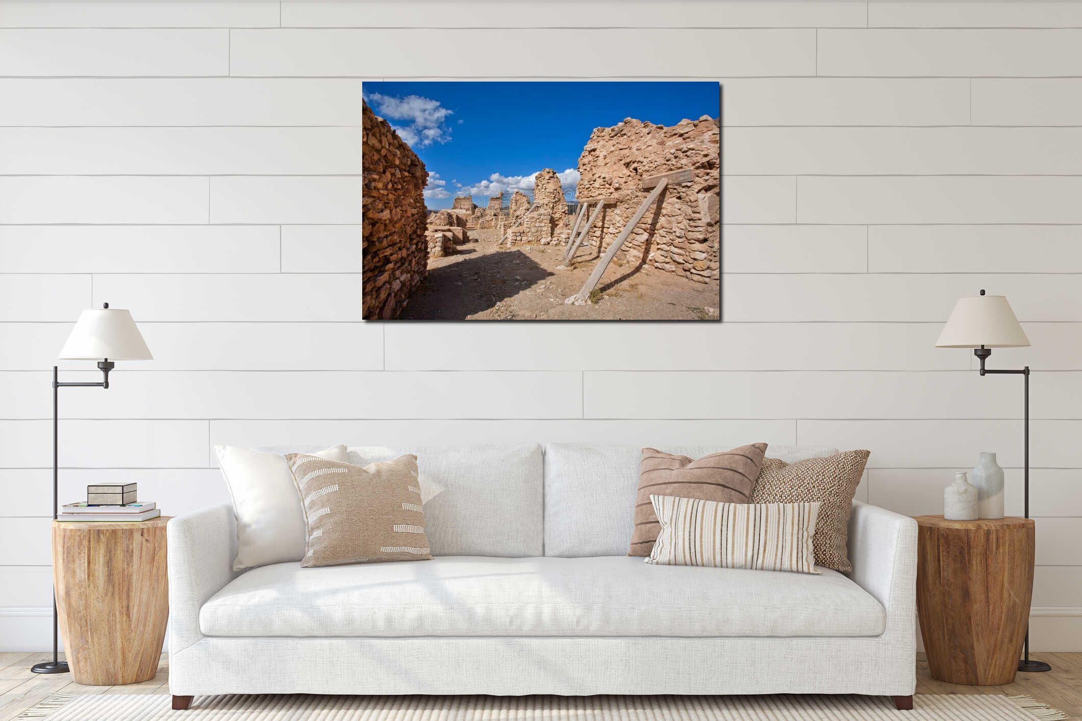 Old brick wall of historical city propped up by wooden props interior mockup