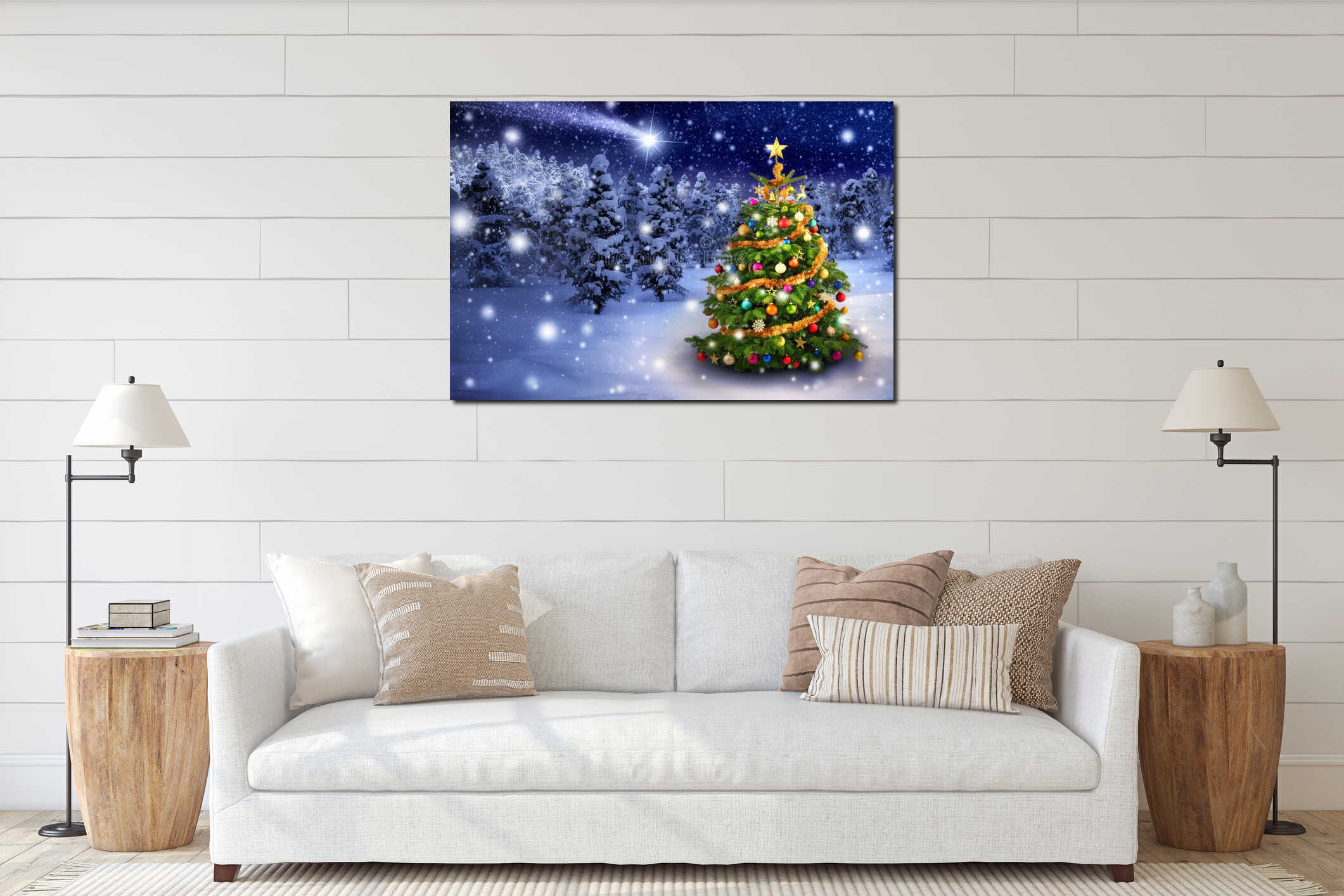 Christmas tree in snowy night interior mockup