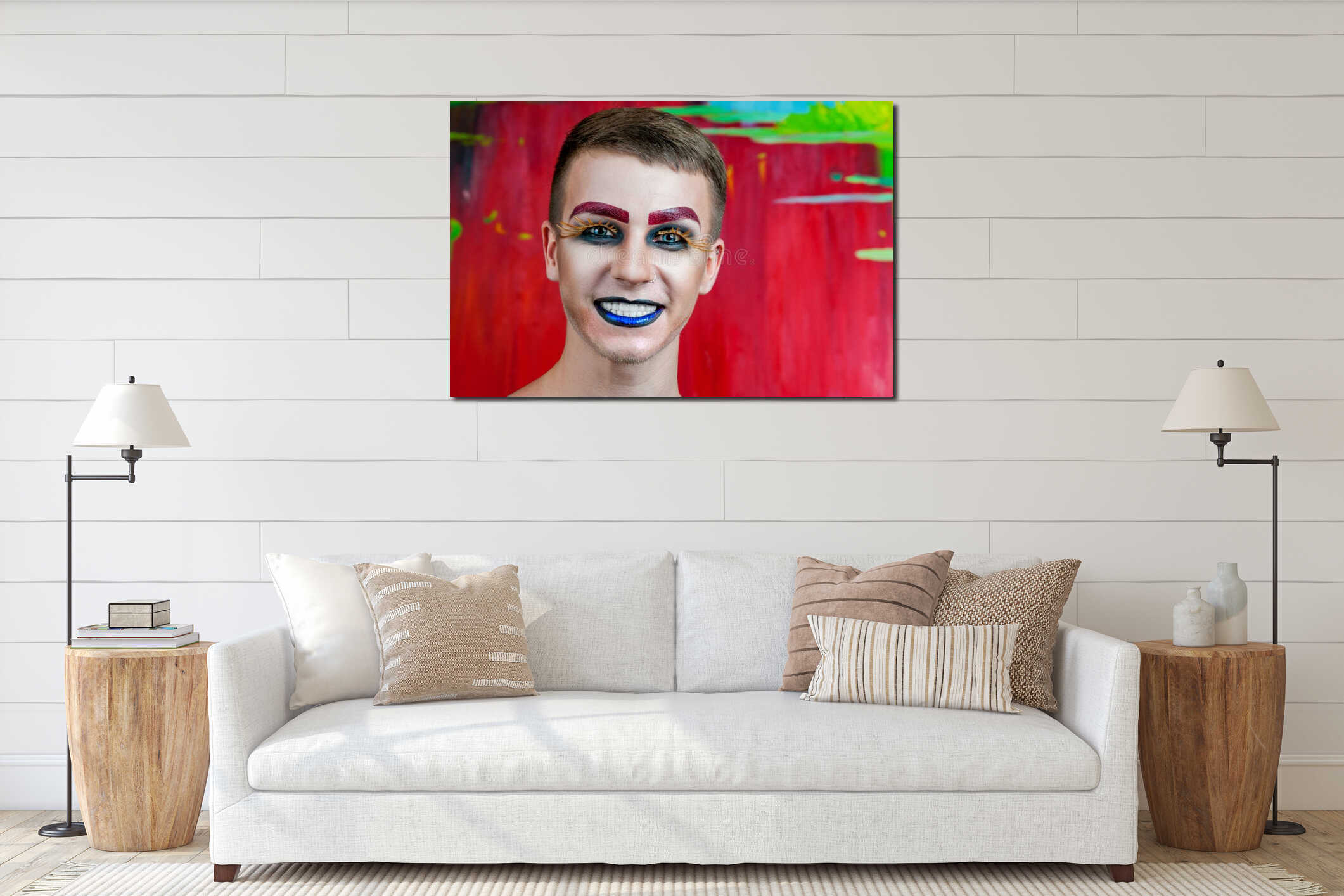 Handsome young man fashion model with make-up interior mockup