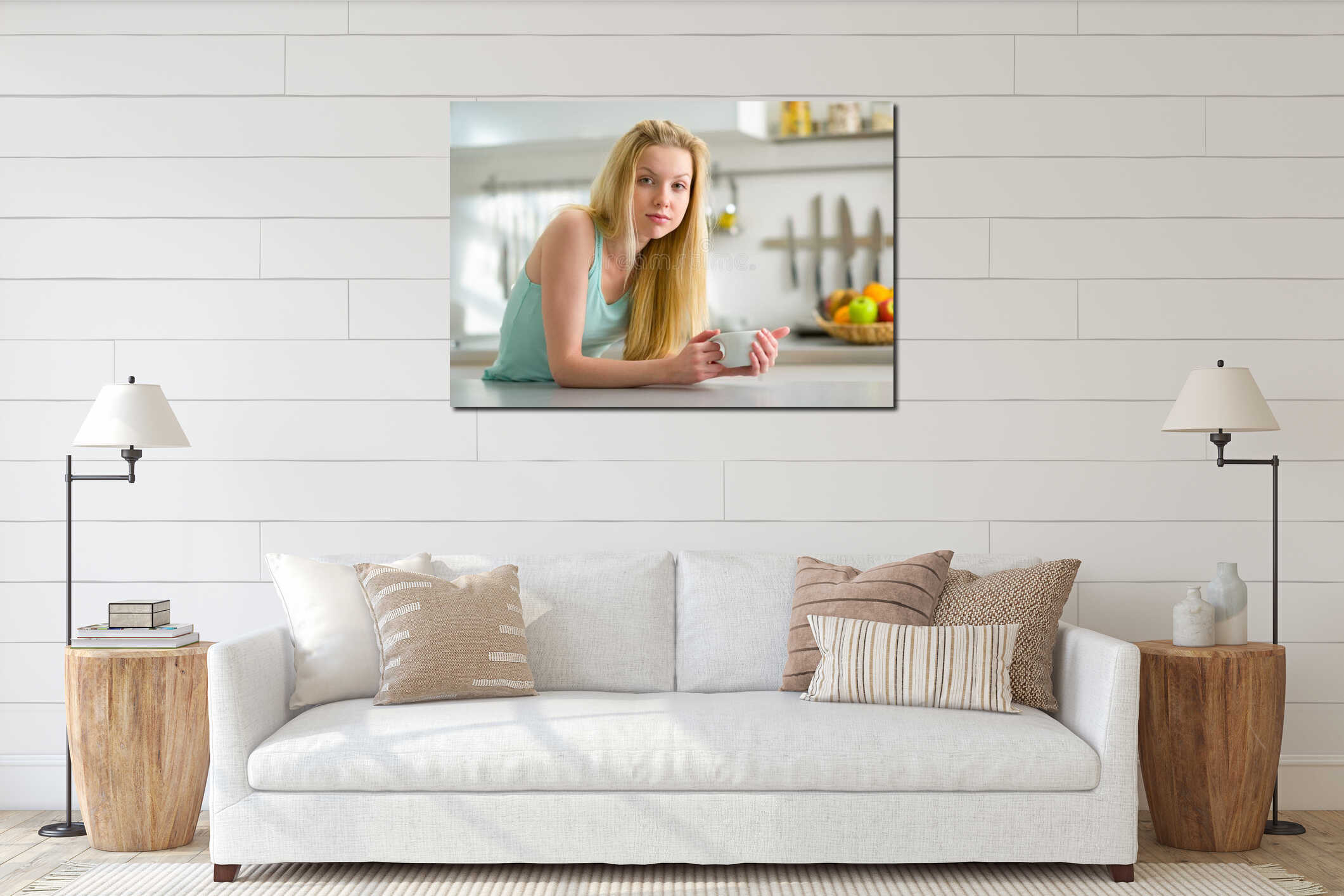 Sleepy young woman with cup of coffee in kitchen interior mockup