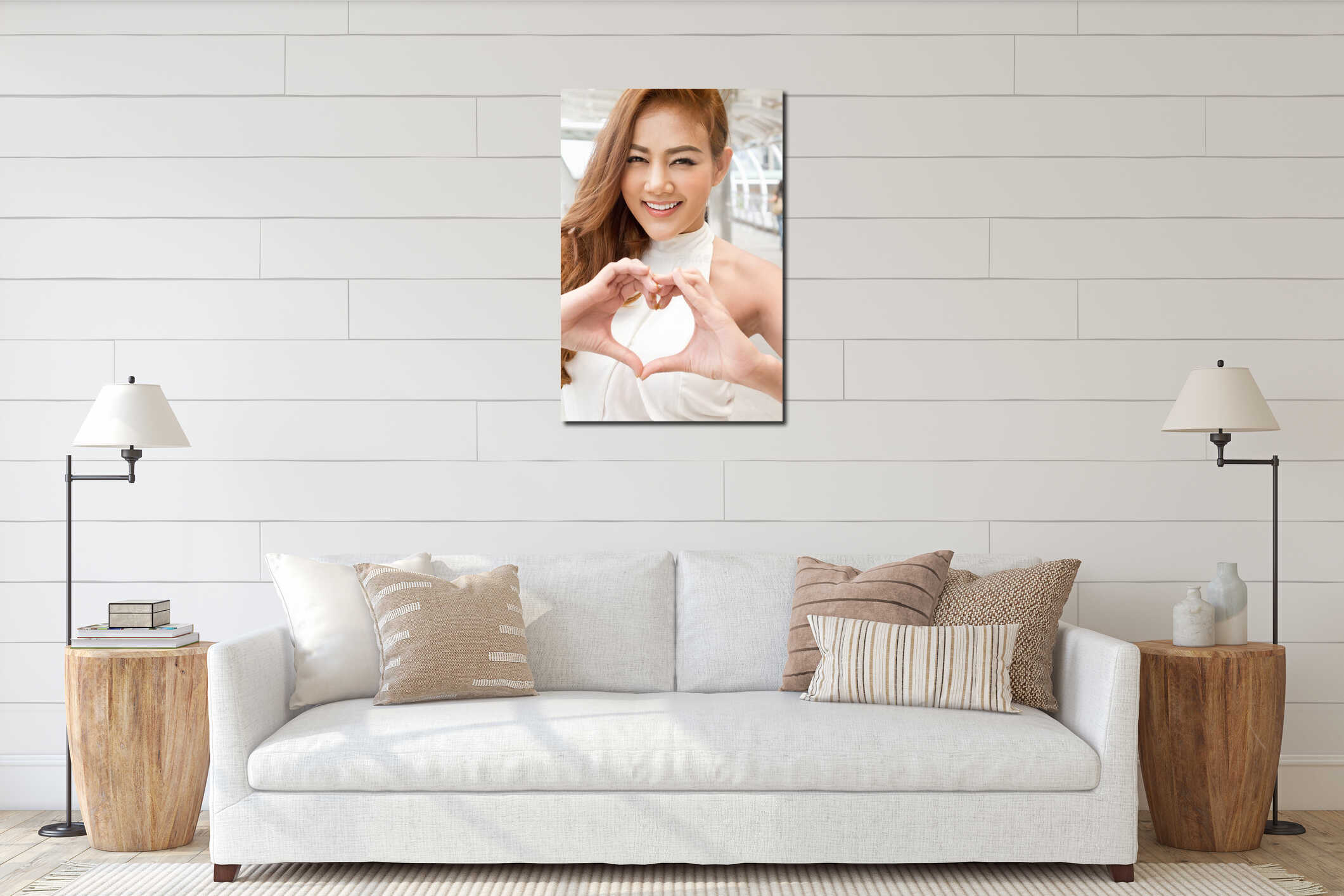 Happy woman showing heart hand sign interior mockup