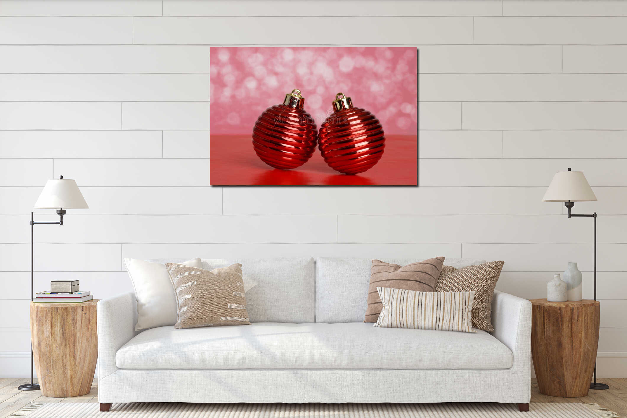 Two red antique christmas ornaments interior mockup