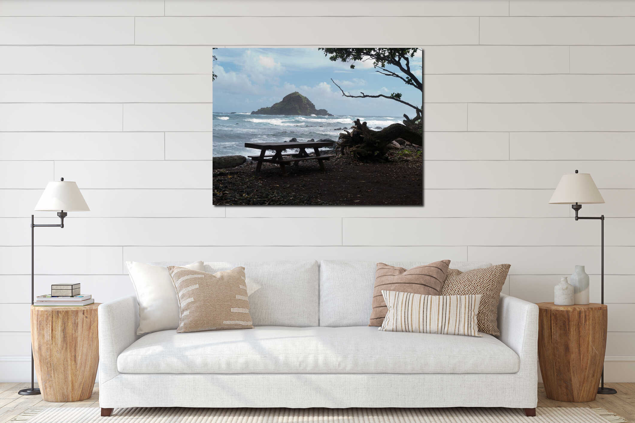Small rocky island near shore interior mockup