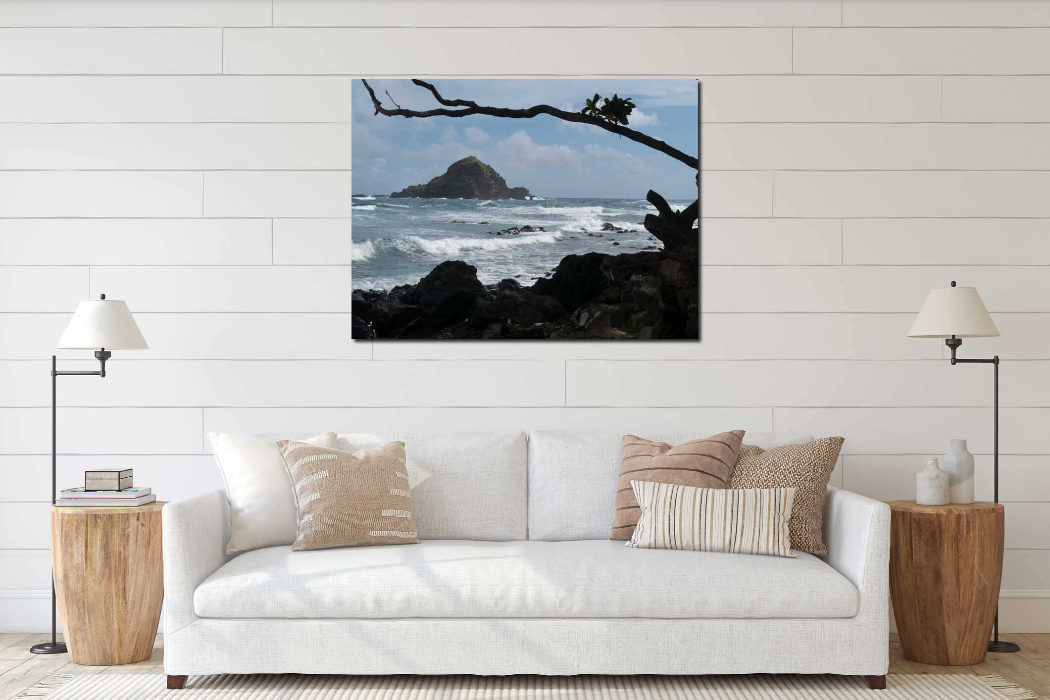 Small rocky island near shore interior mockup