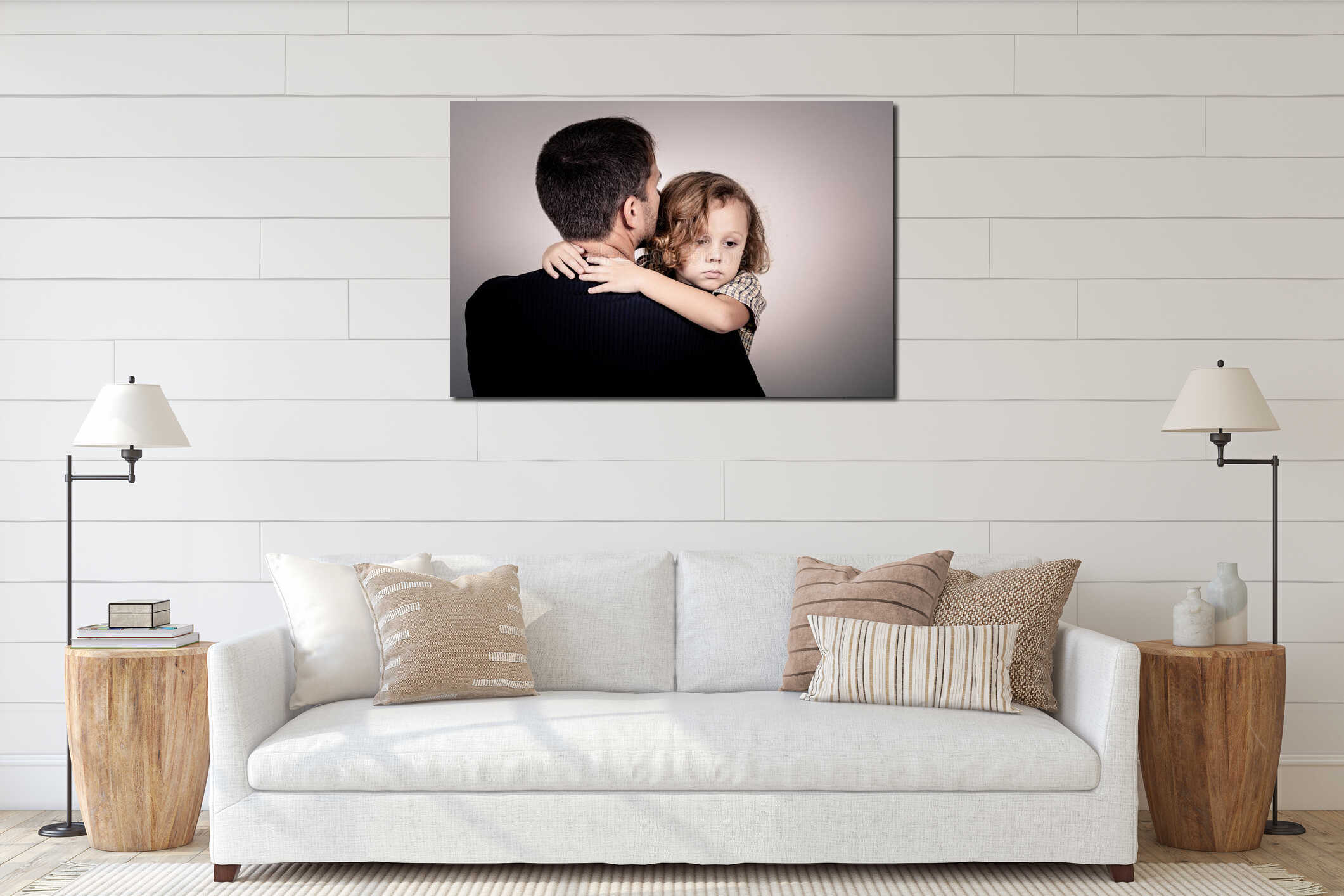 Portrait of one sad son hugging his father interior mockup