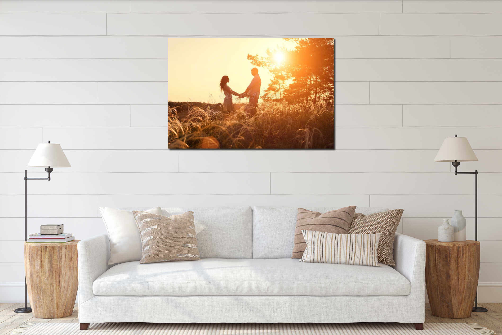 Young couple holding hands. In nature sunrise interior mockup