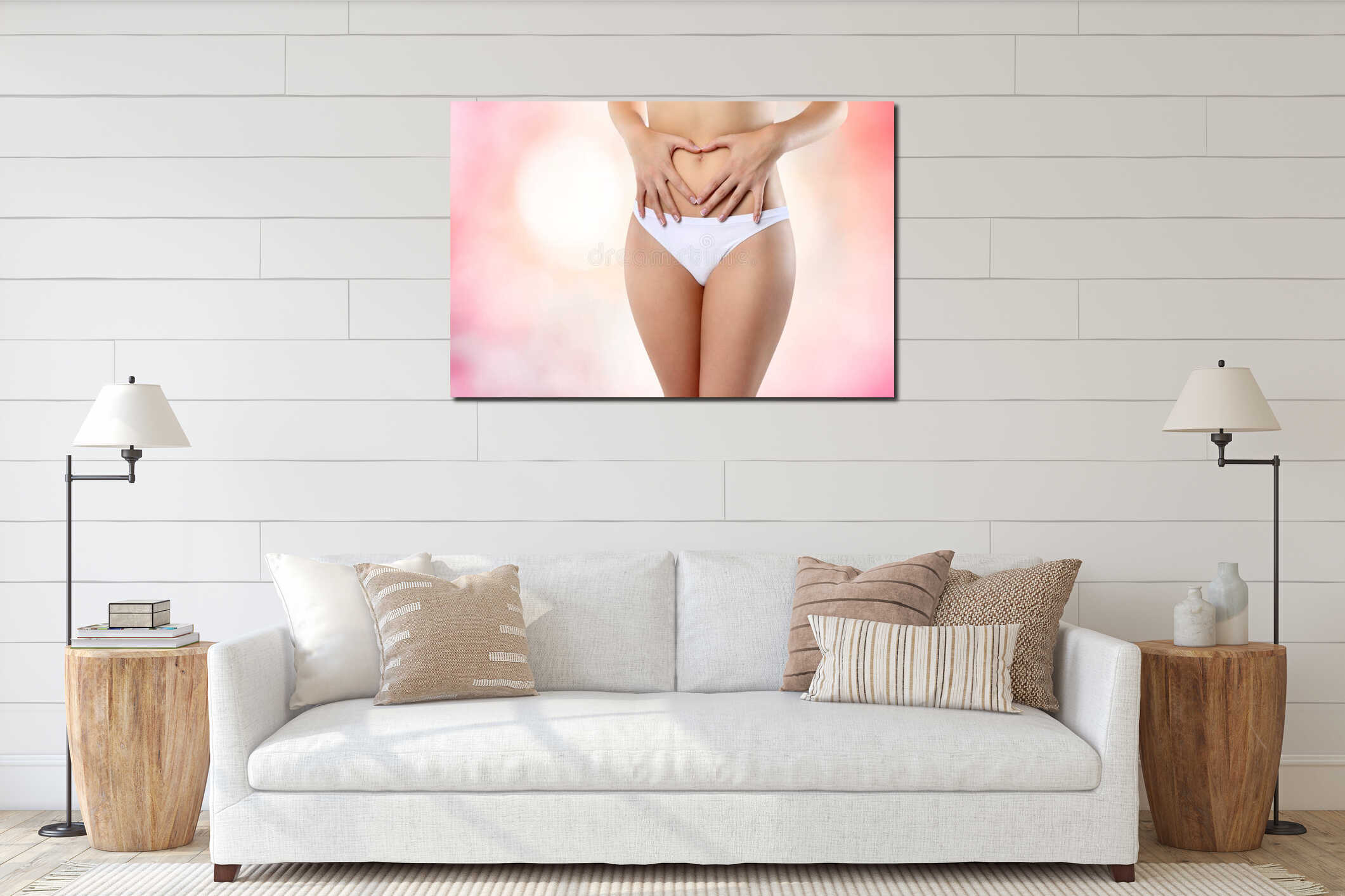 Heart shaped hands on belly woman interior mockup