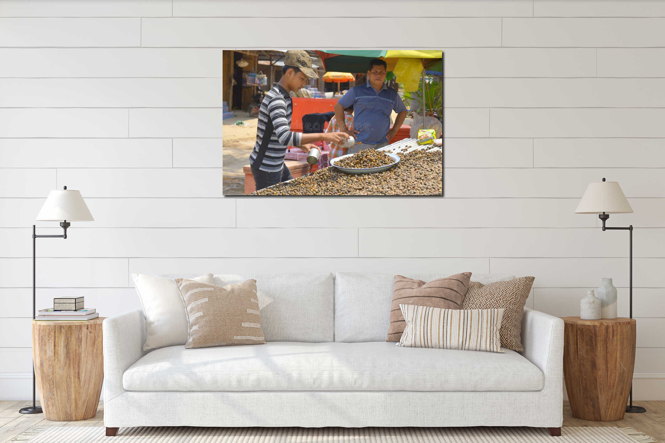 Young man sells fried snails interior mockup