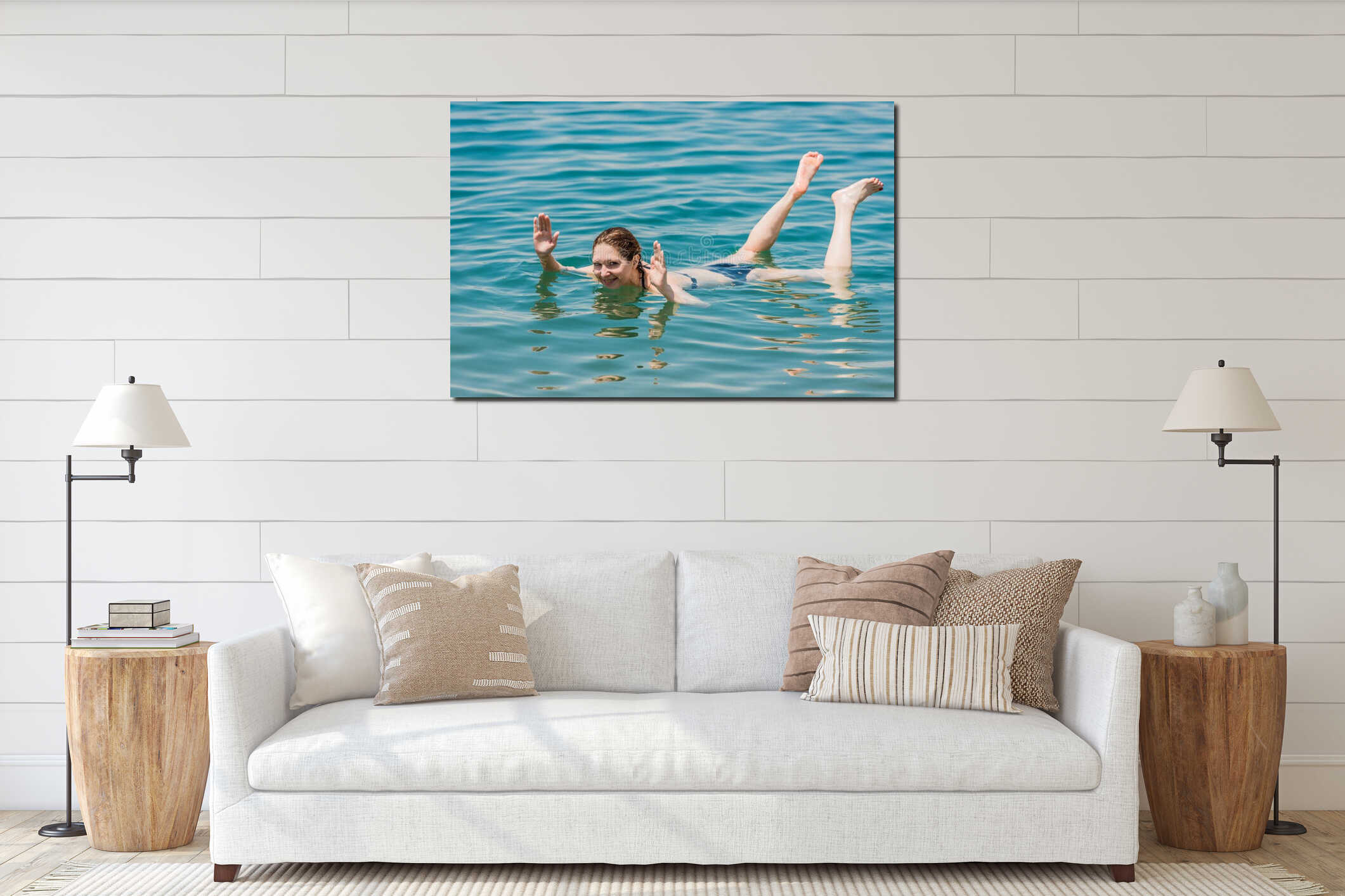 One woman swimming bathing in Dead Sea Jordan interior mockup