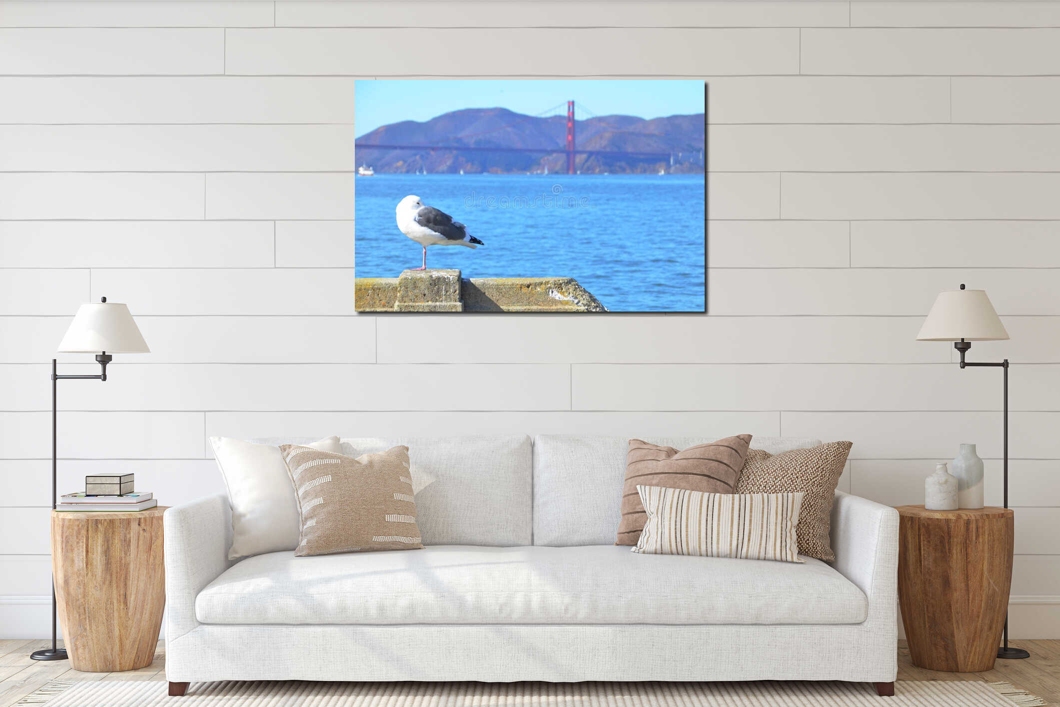 Seagull with Golden Gate Bridge and San Francisco in the background interior mockup