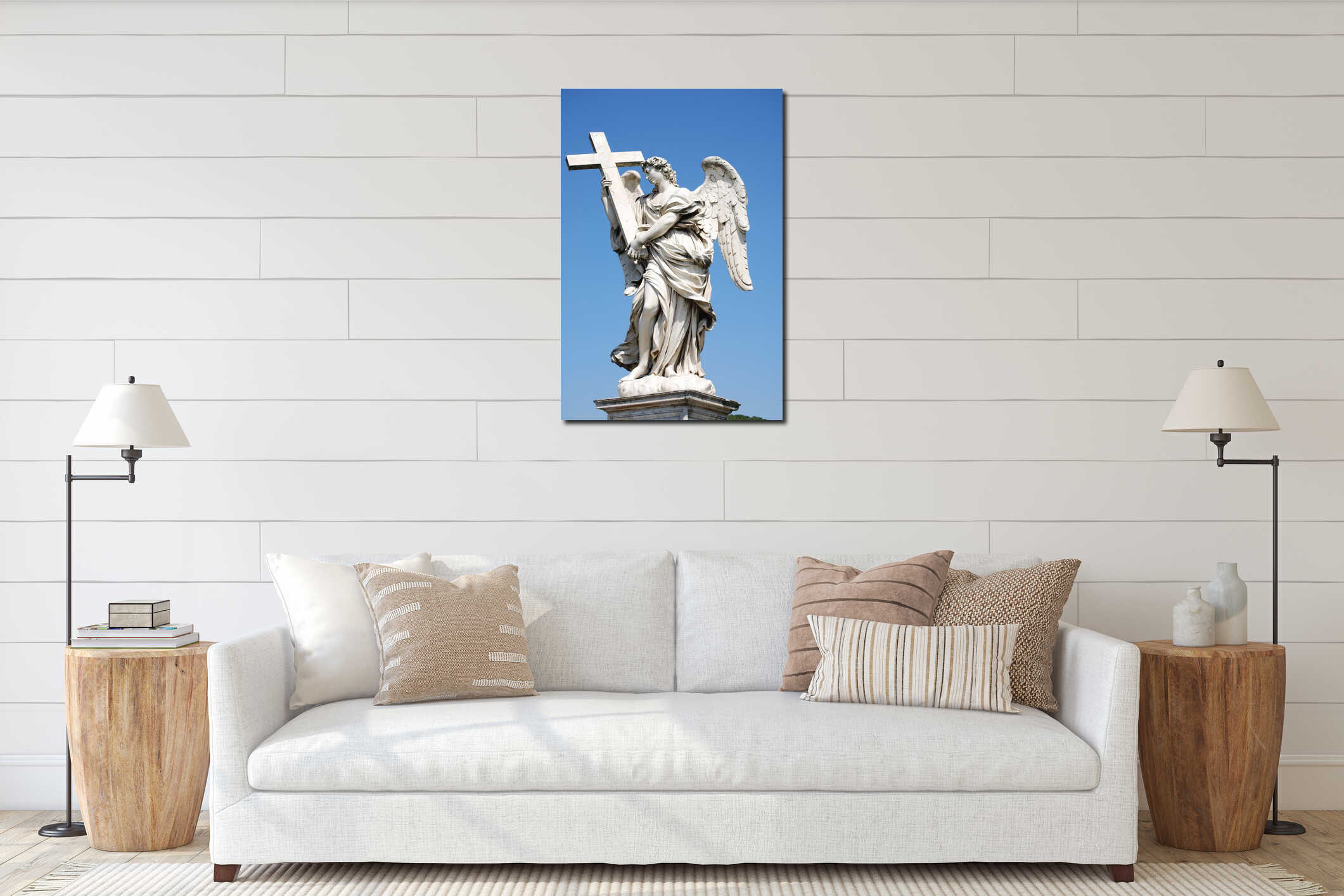 Bernini marble statue of angel with cross from the Sant Angelo Bridge in Rome interior mockup