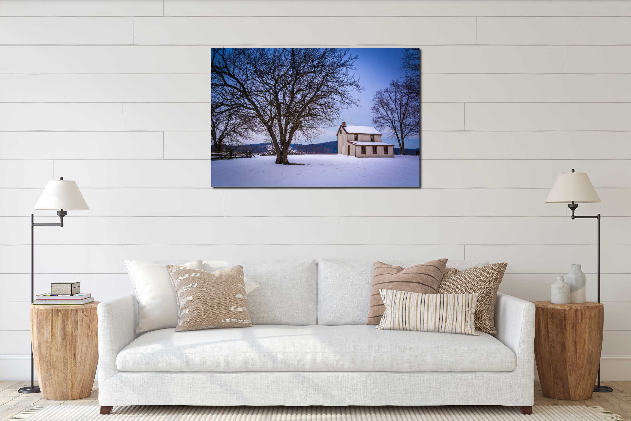Small house and trees in a snow-covered field in Gettysburg, Pen interior mockup